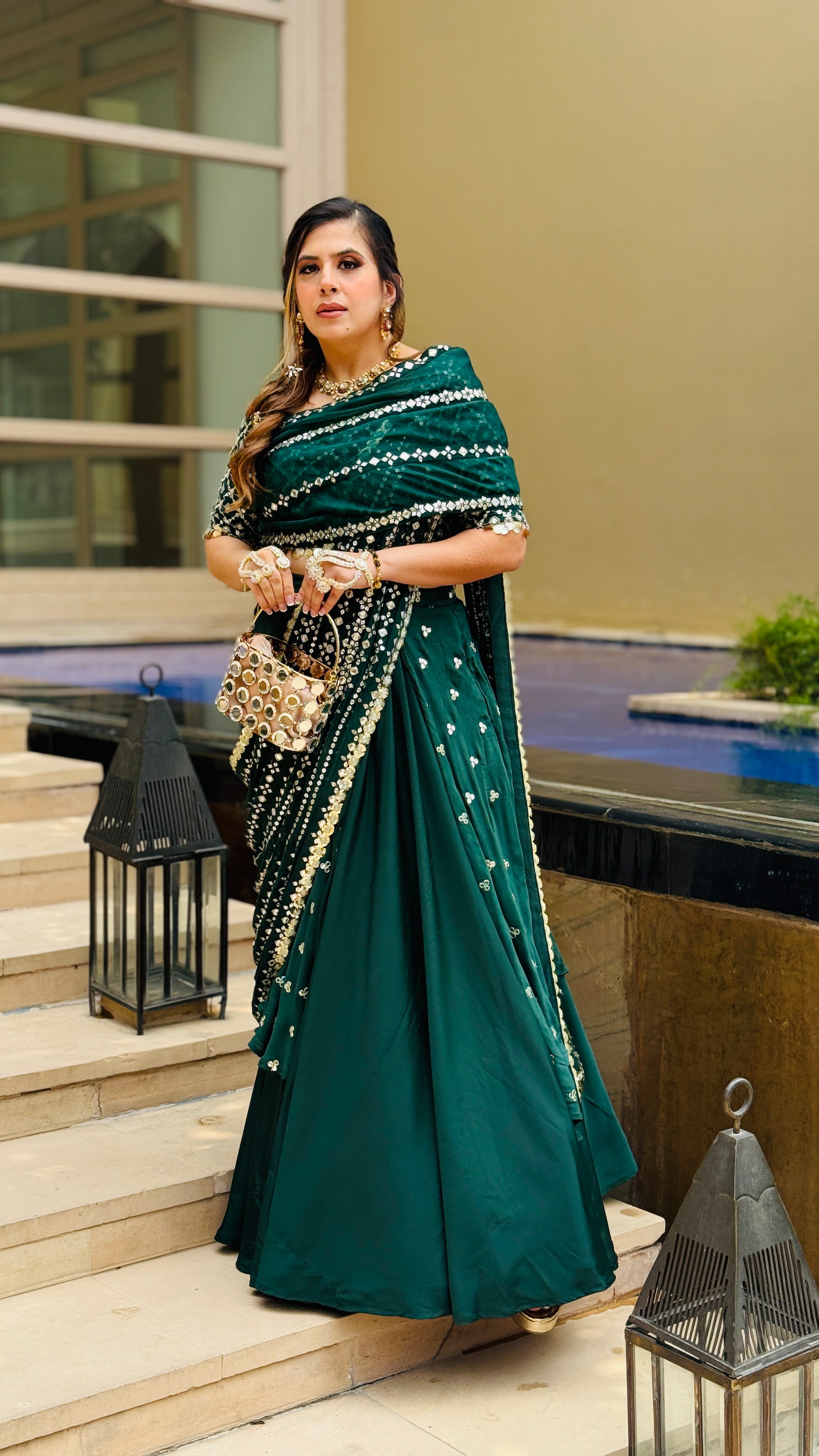 Green Mirror Lehenga Saree