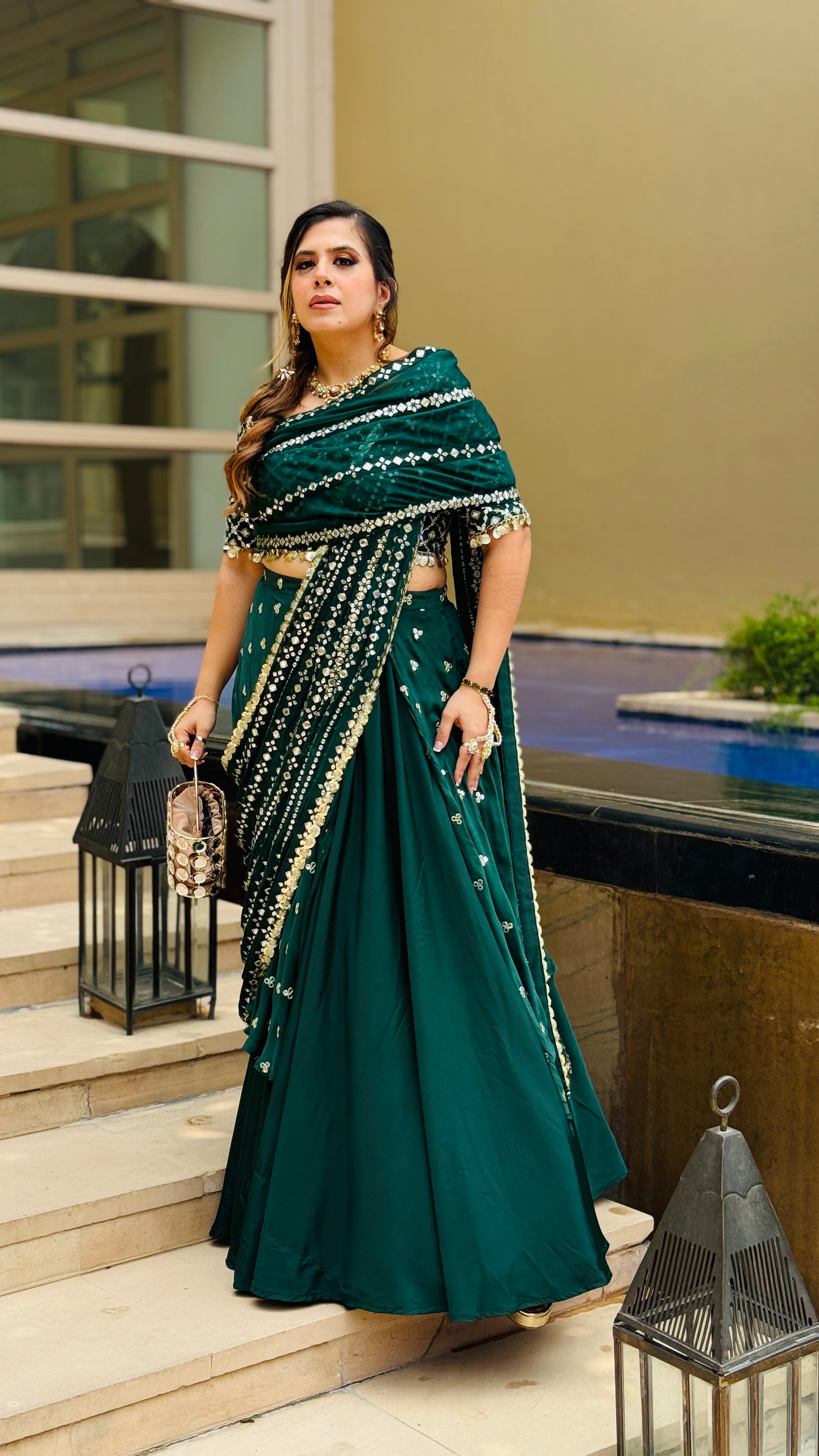 Green Mirror Lehenga Saree