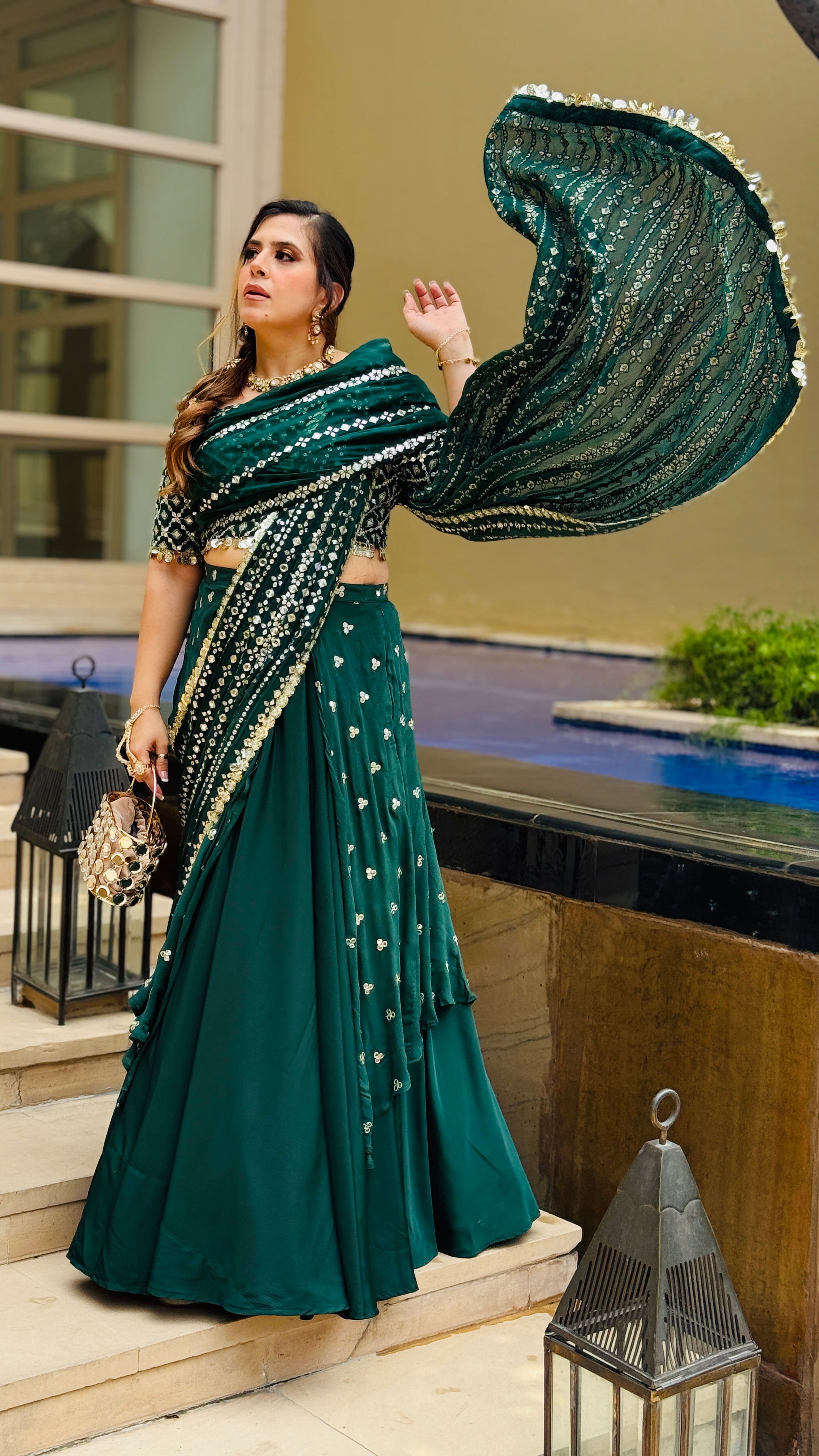Green Mirror Lehenga Saree