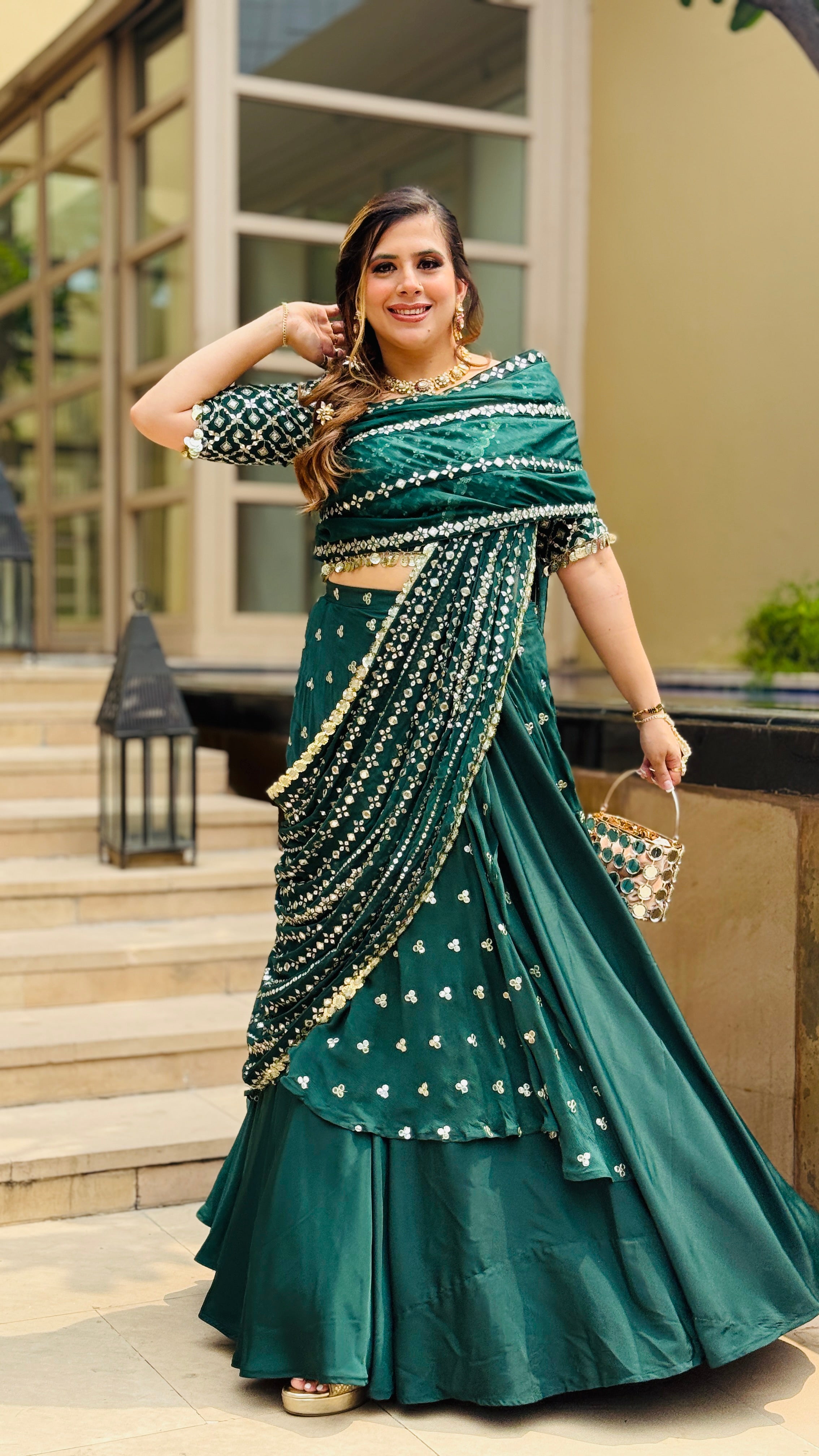 Green Mirror Lehenga Saree