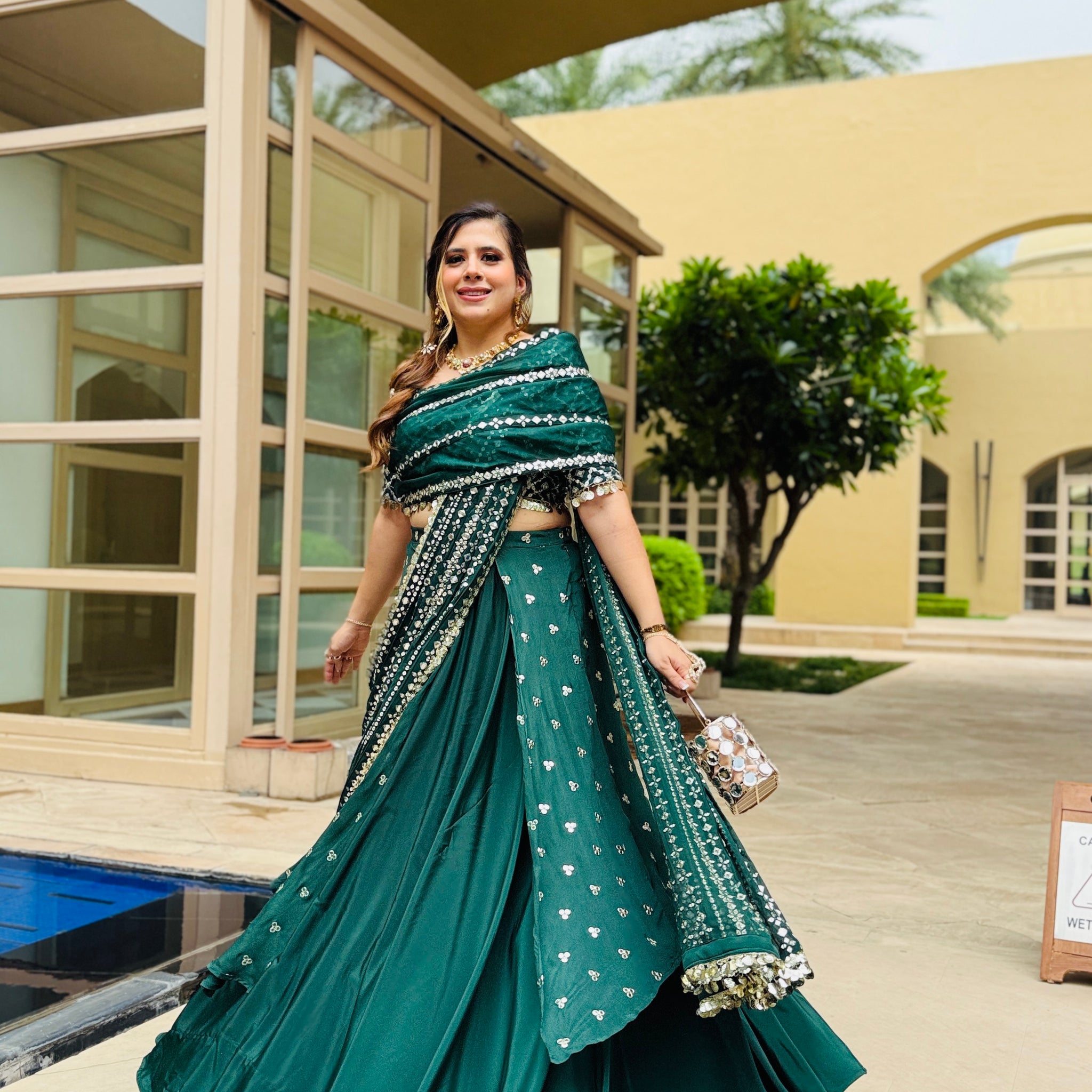 Green Mirror Lehenga Saree