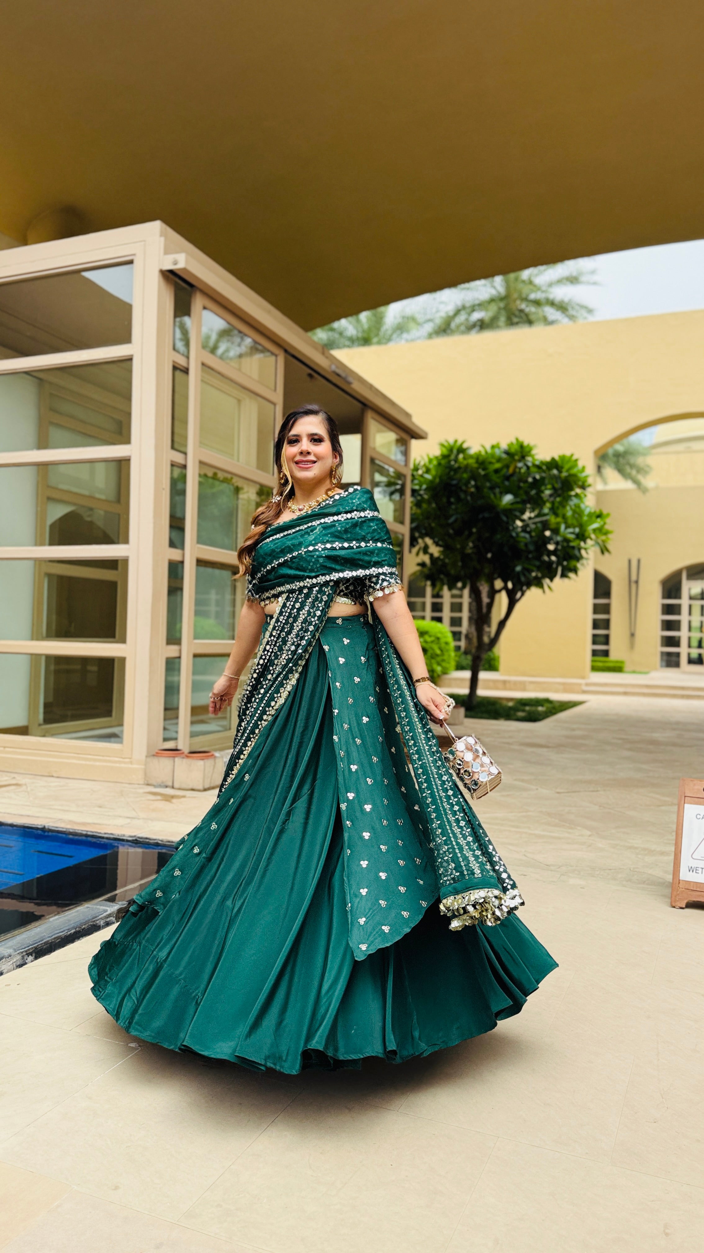 Green Mirror Lehenga Saree