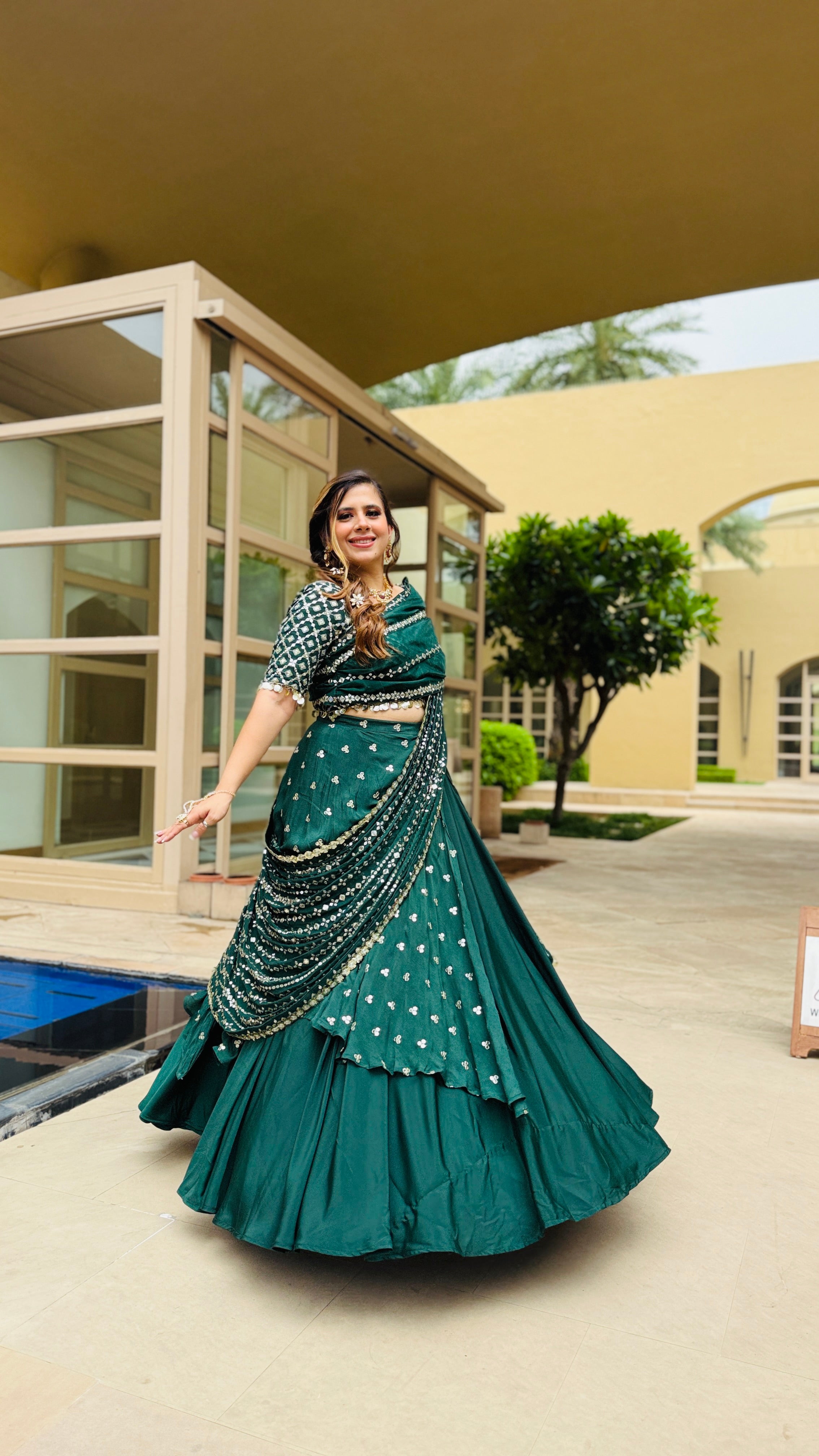 Green Mirror Lehenga Saree