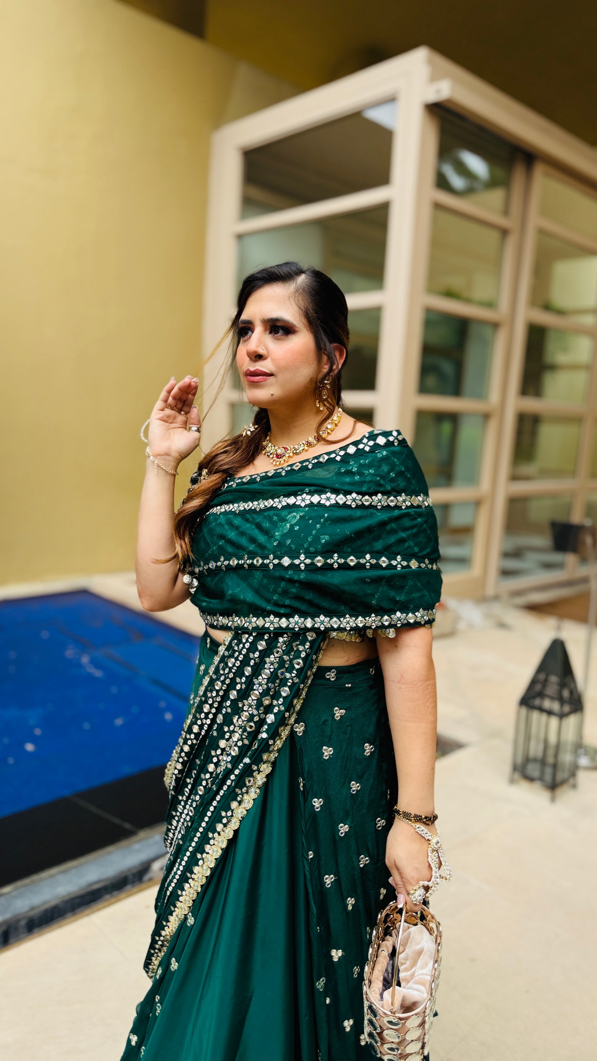 Green Mirror Lehenga Saree