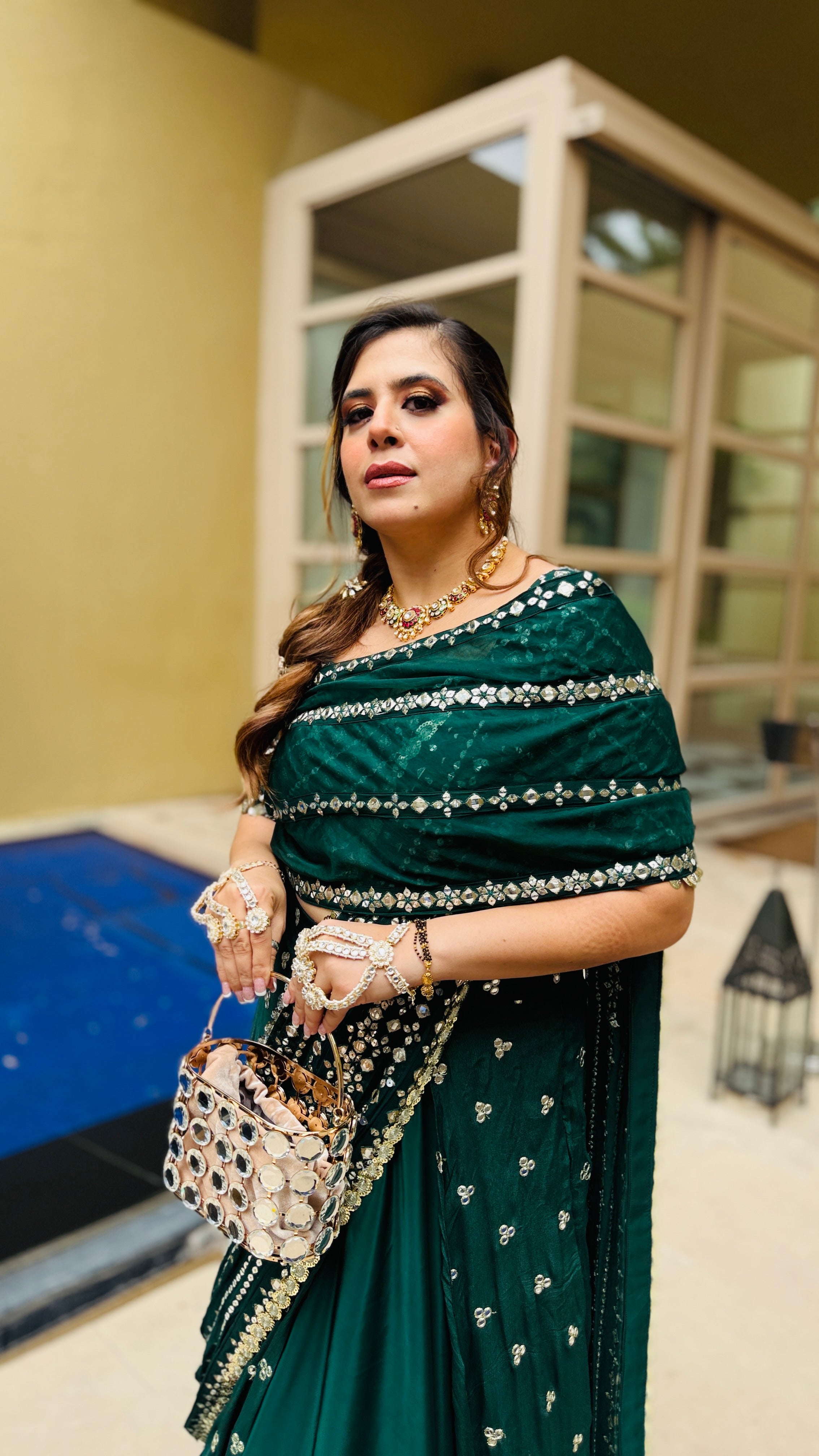 Green Mirror Lehenga Saree