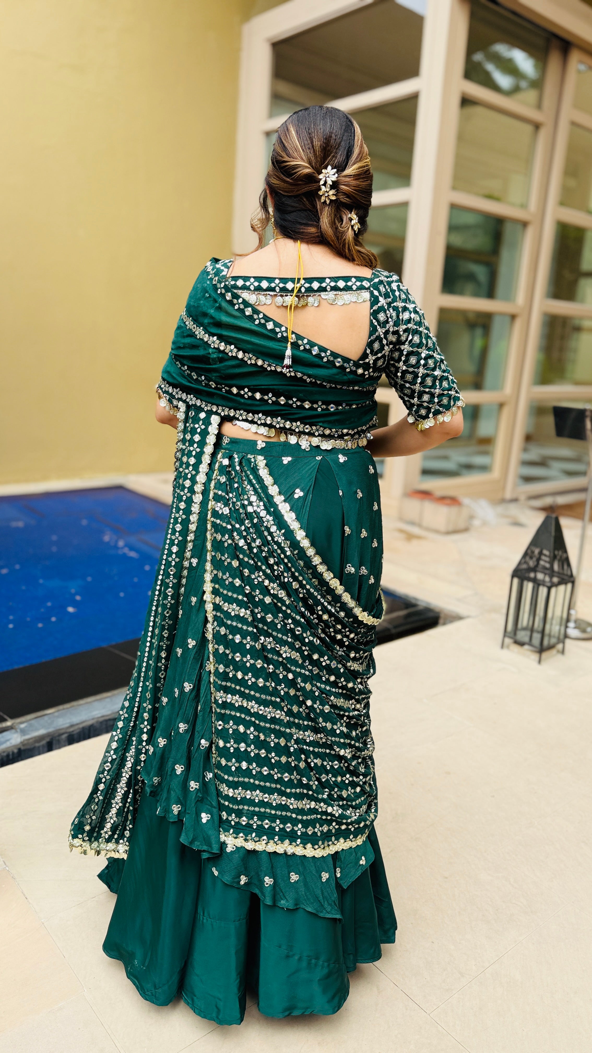 Green Mirror Lehenga Saree