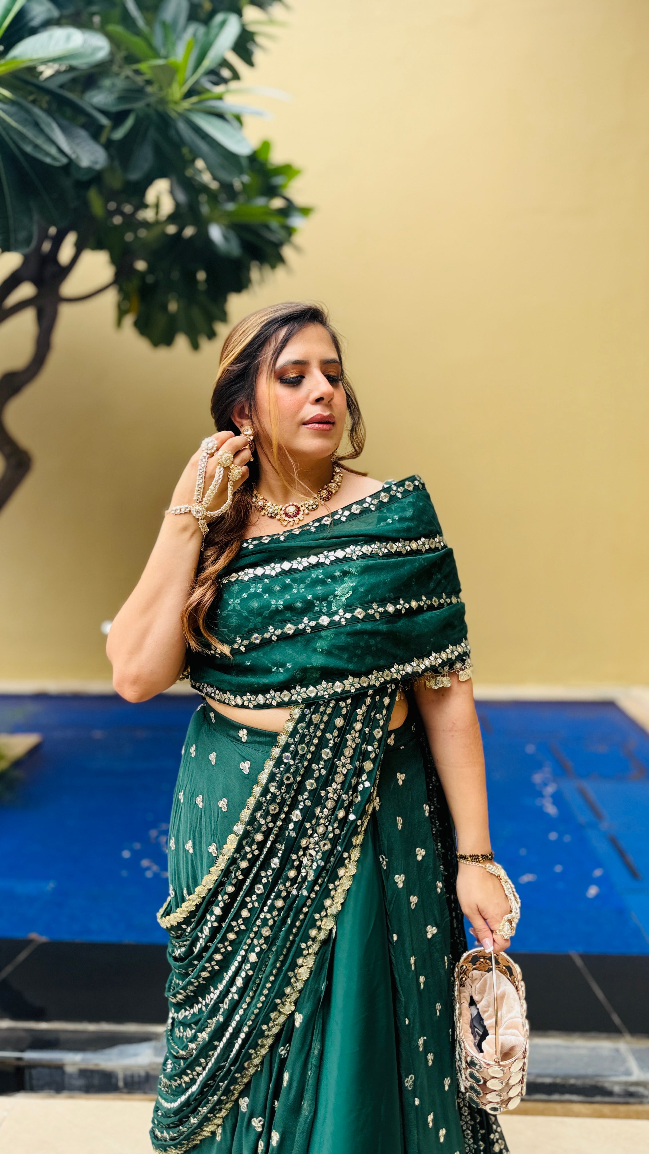 Green Mirror Lehenga Saree
