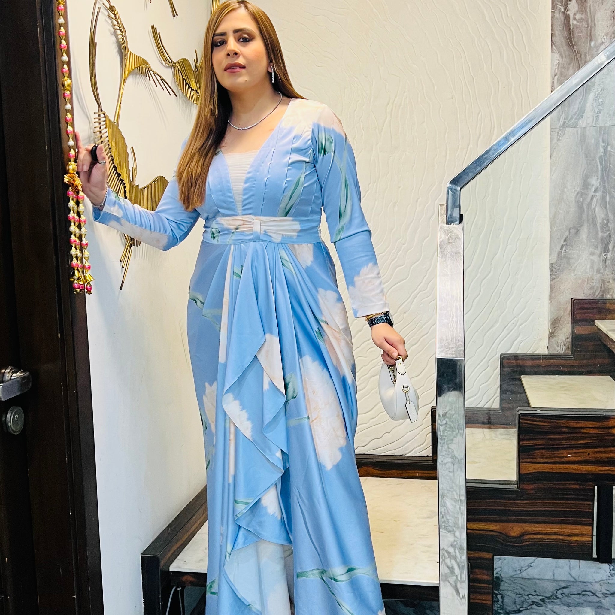 Pearl in sky drape dress