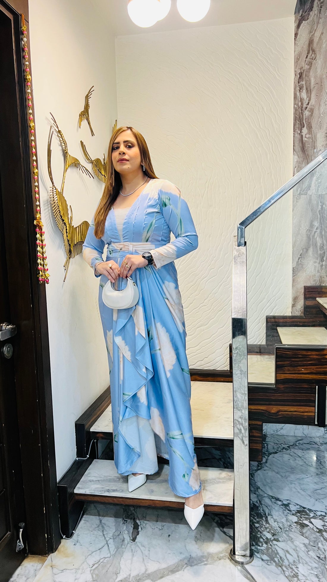 Pearl in sky drape dress