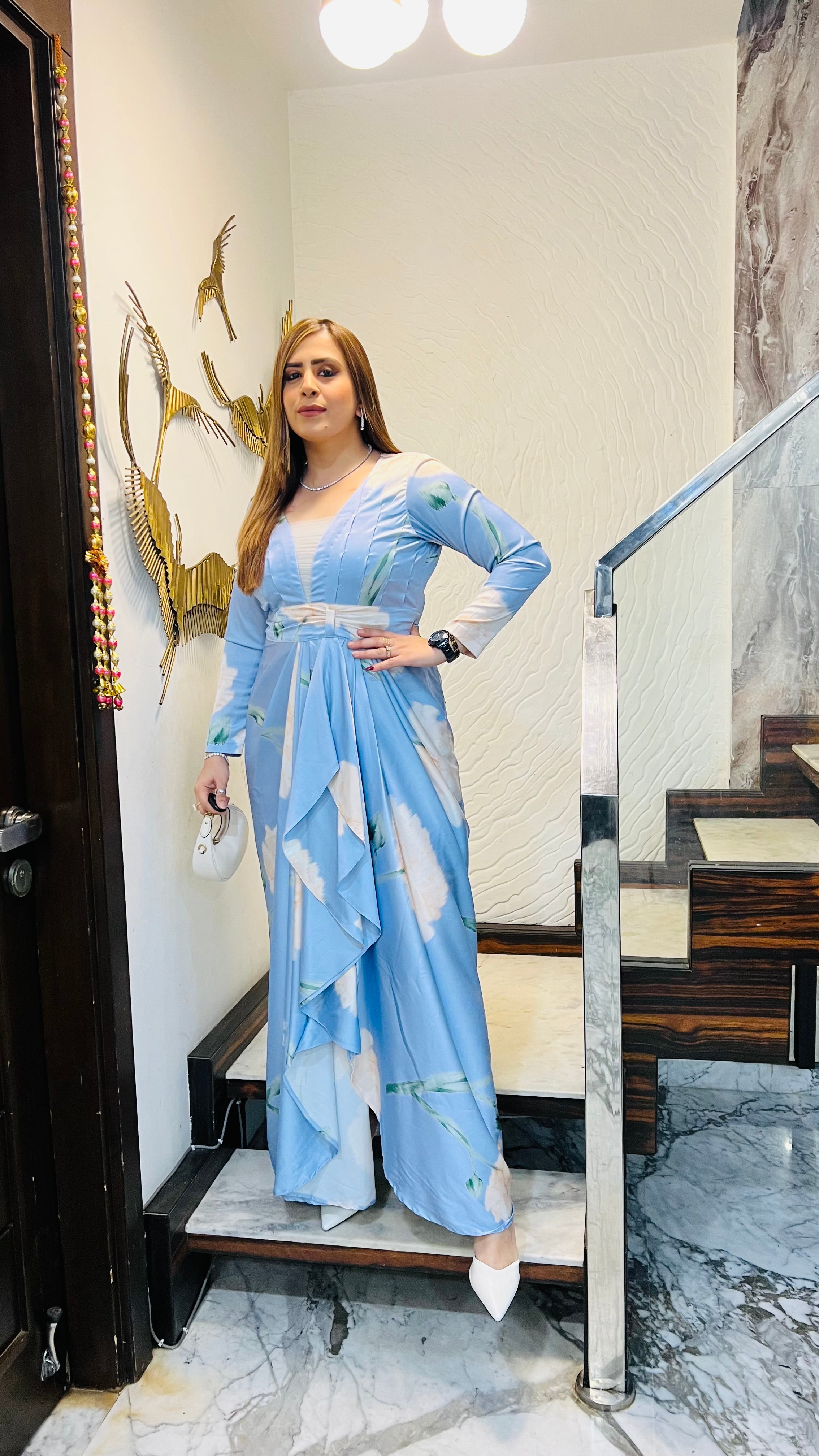 Pearl in sky drape dress