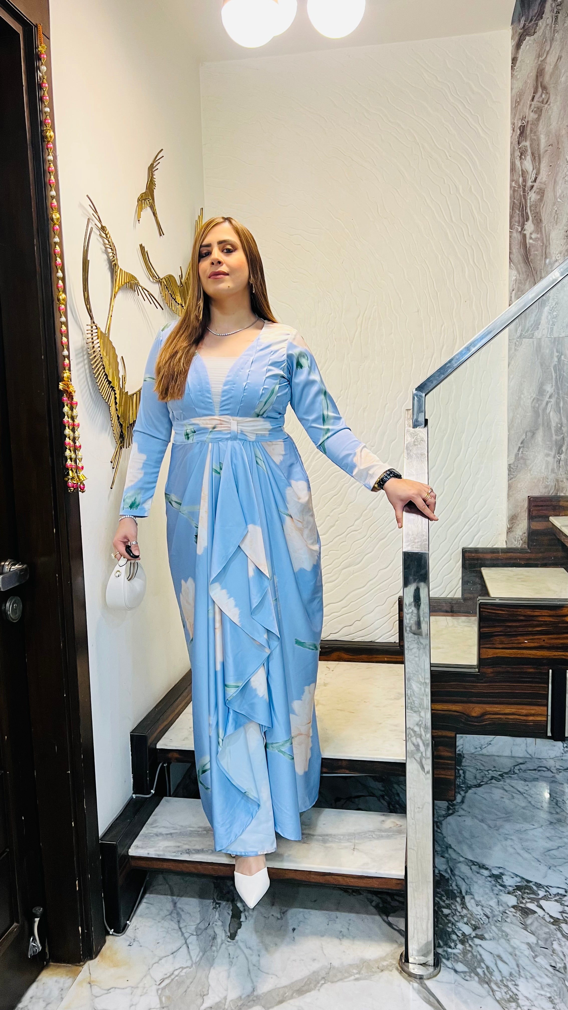 Pearl in sky drape dress