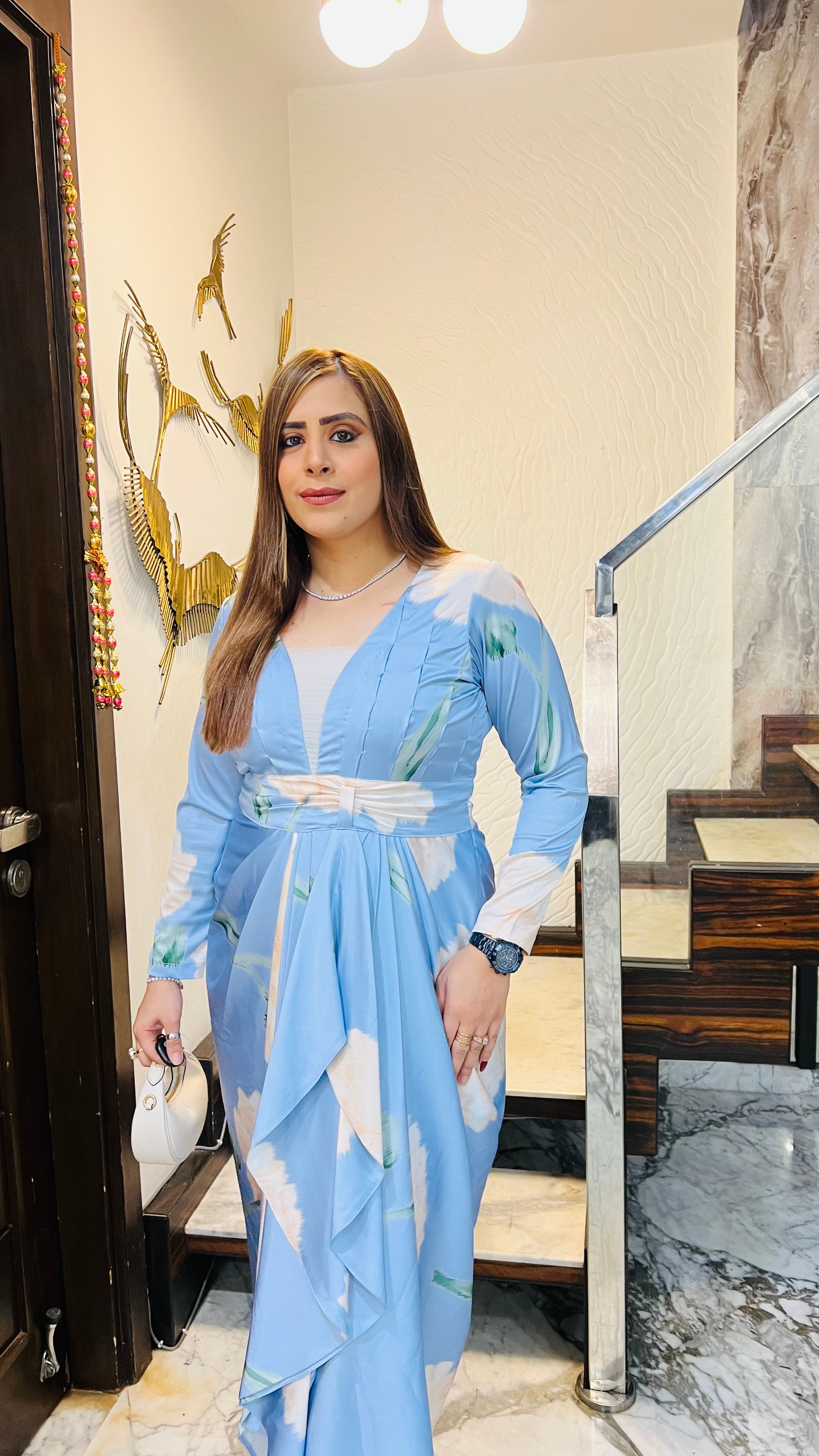 Pearl in sky drape dress