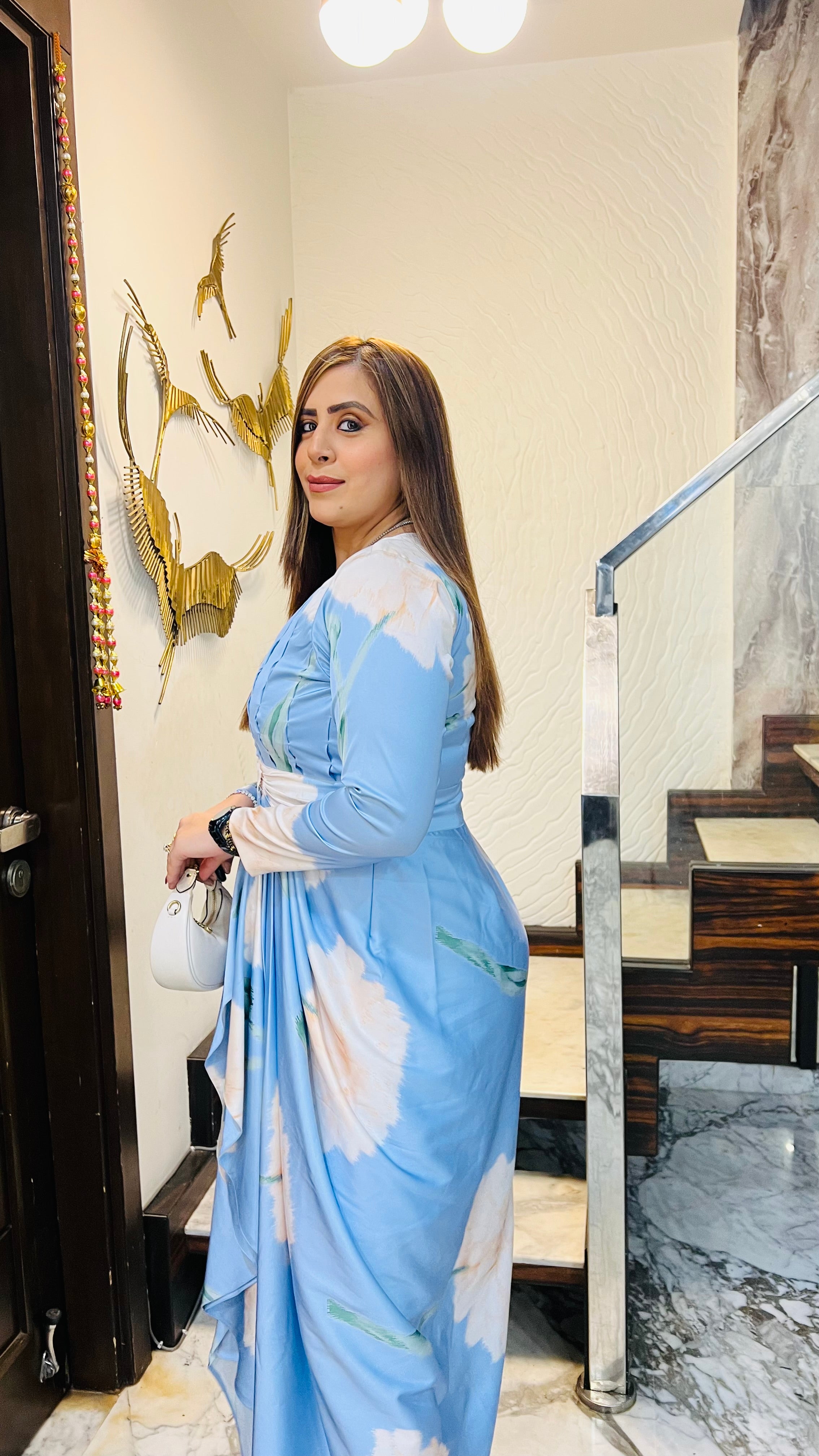 Pearl in sky drape dress