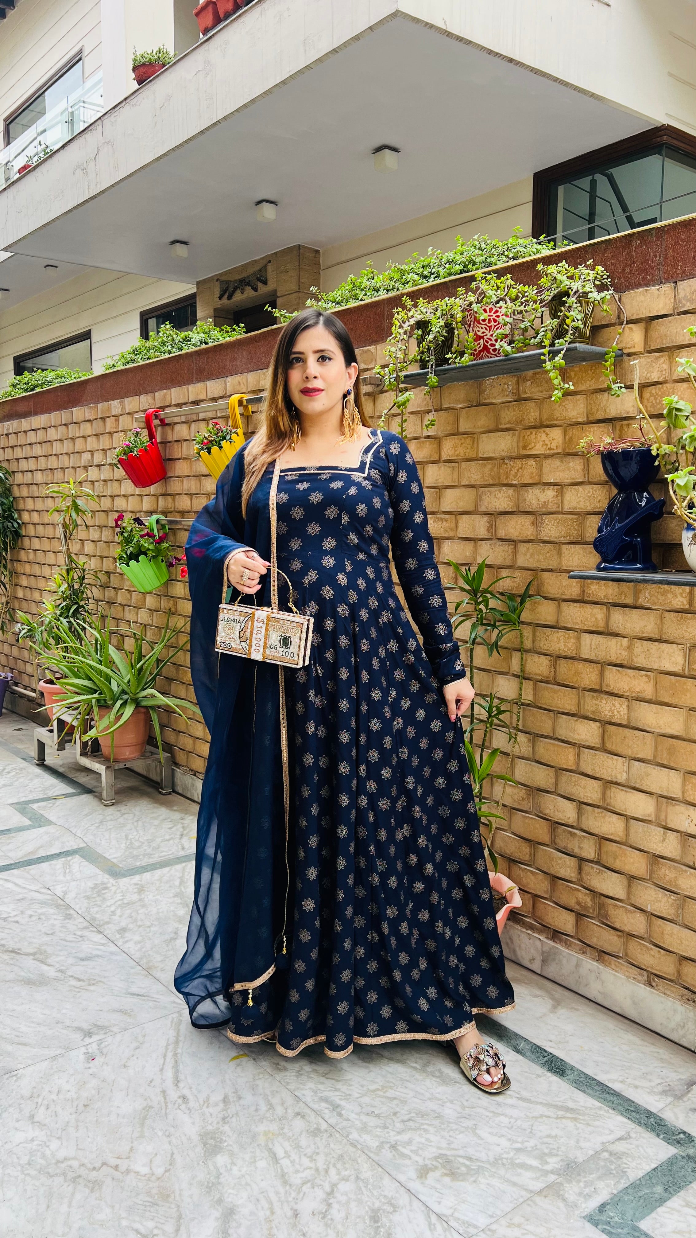 Navy Blue Foil Anarkali