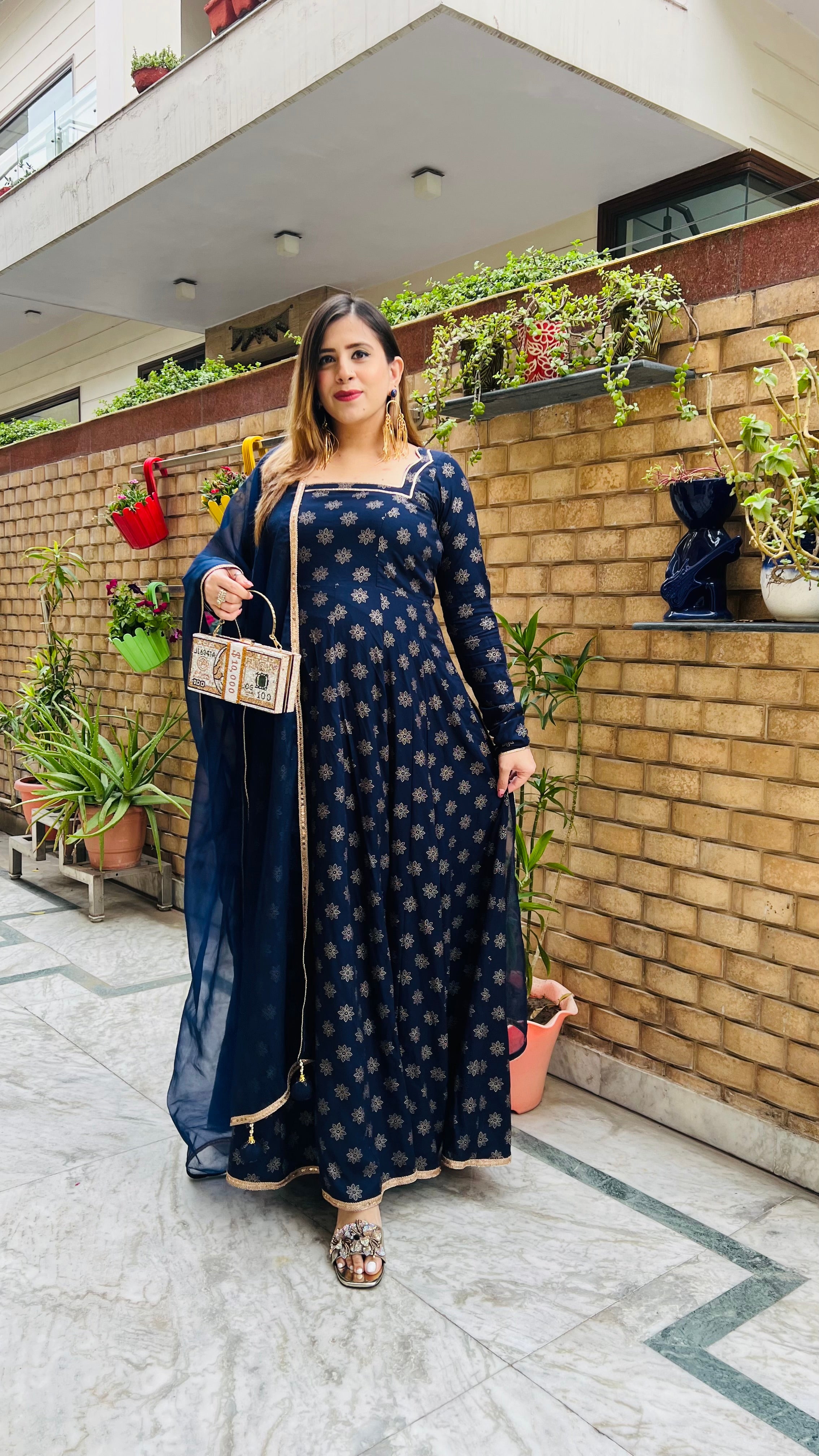 Navy Blue Foil Anarkali