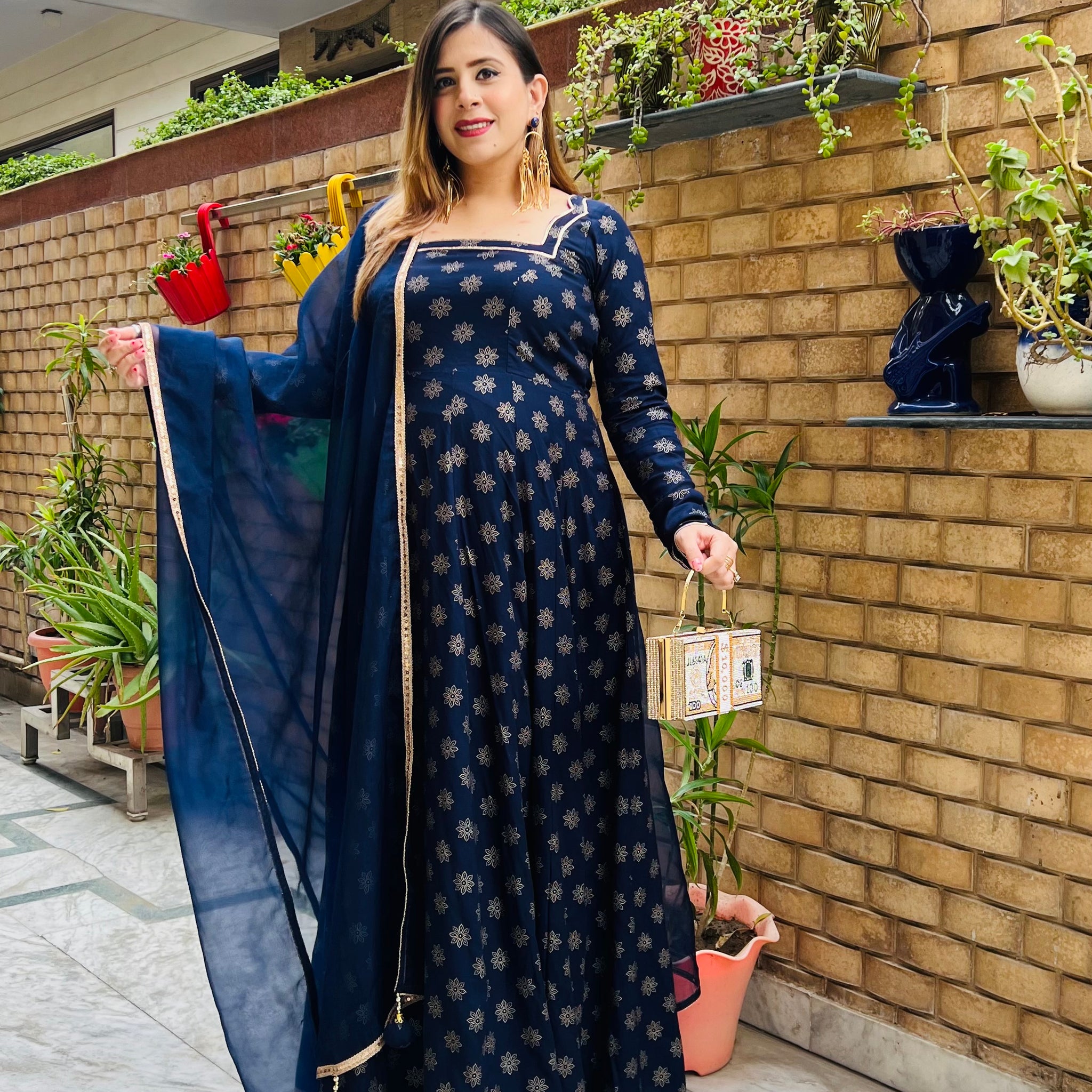 Navy Blue Foil Anarkali