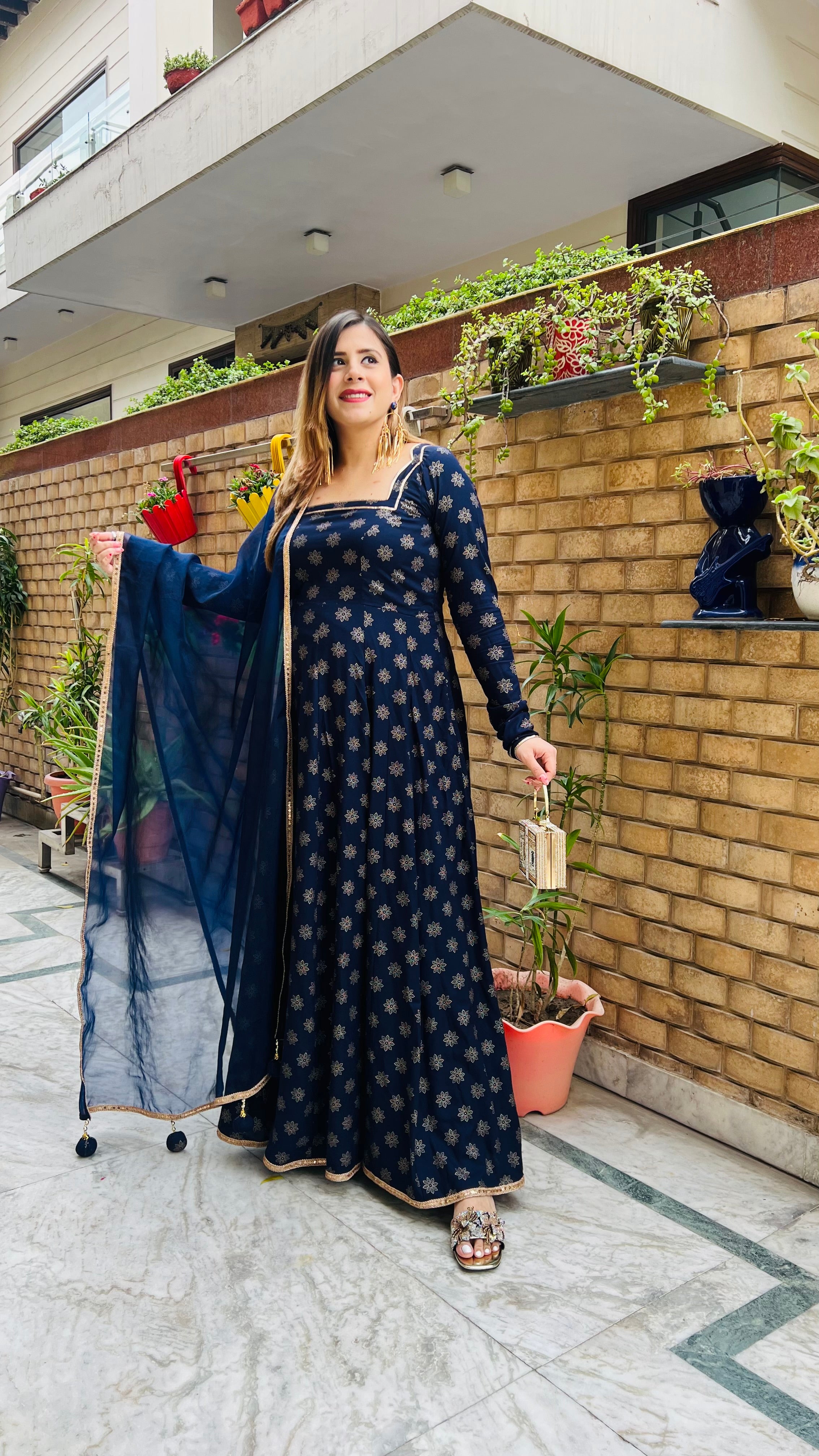 Navy Blue Foil Anarkali