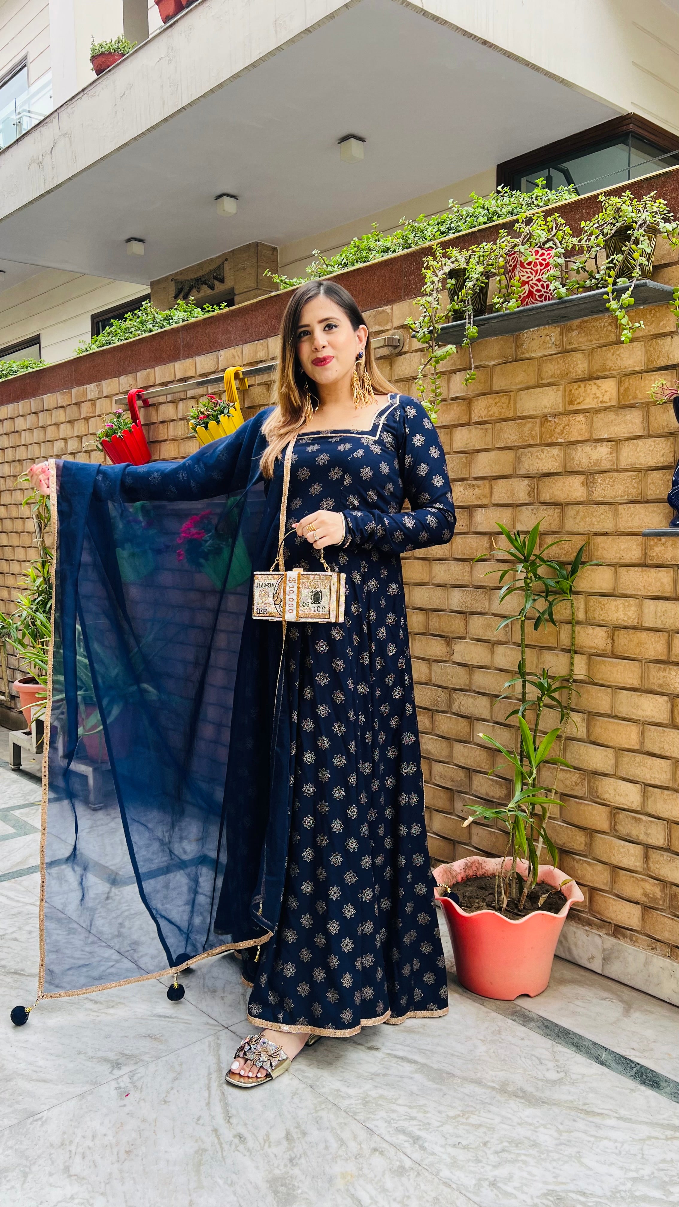 Navy Blue Foil Anarkali
