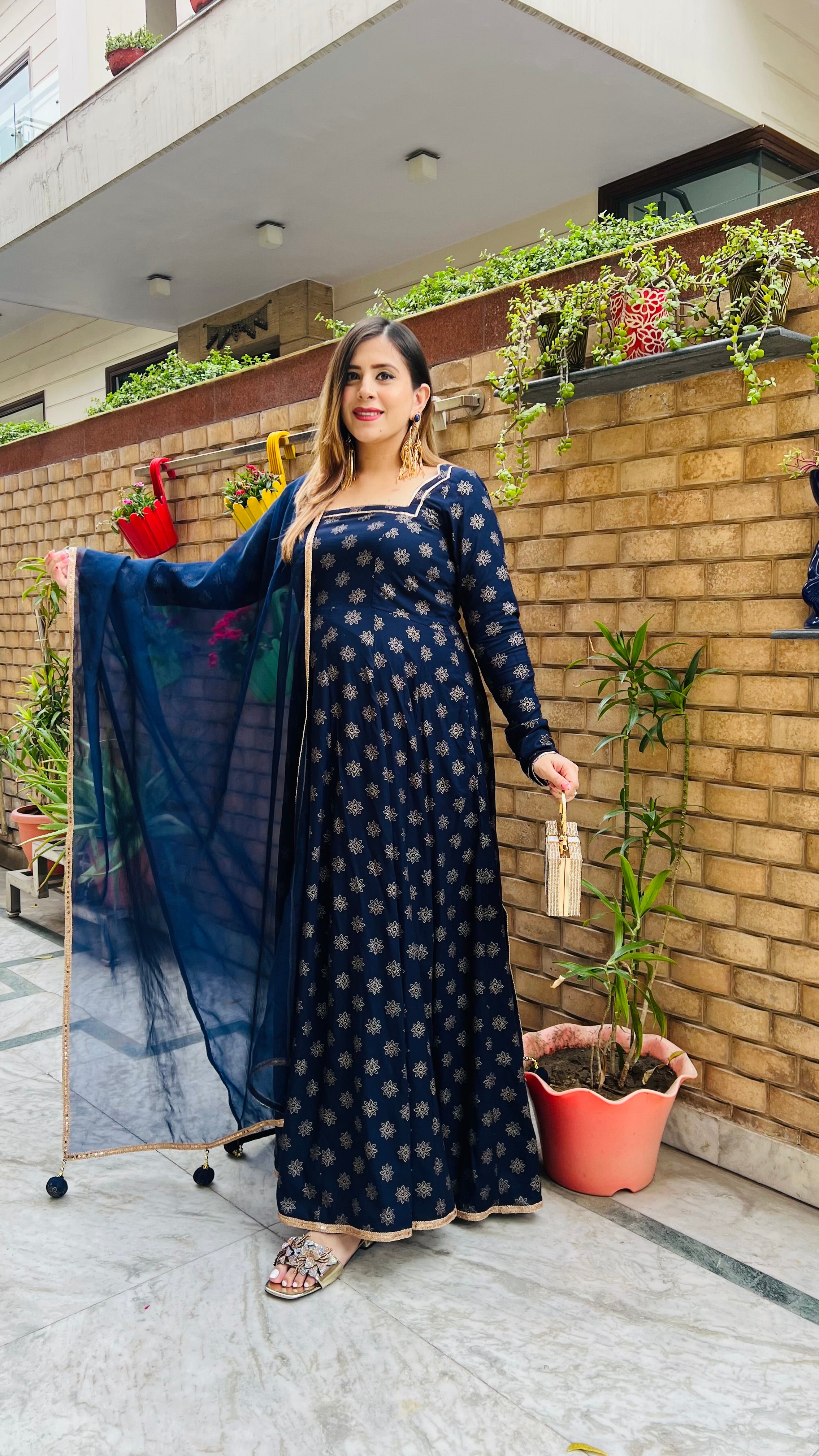 Navy Blue Foil Anarkali
