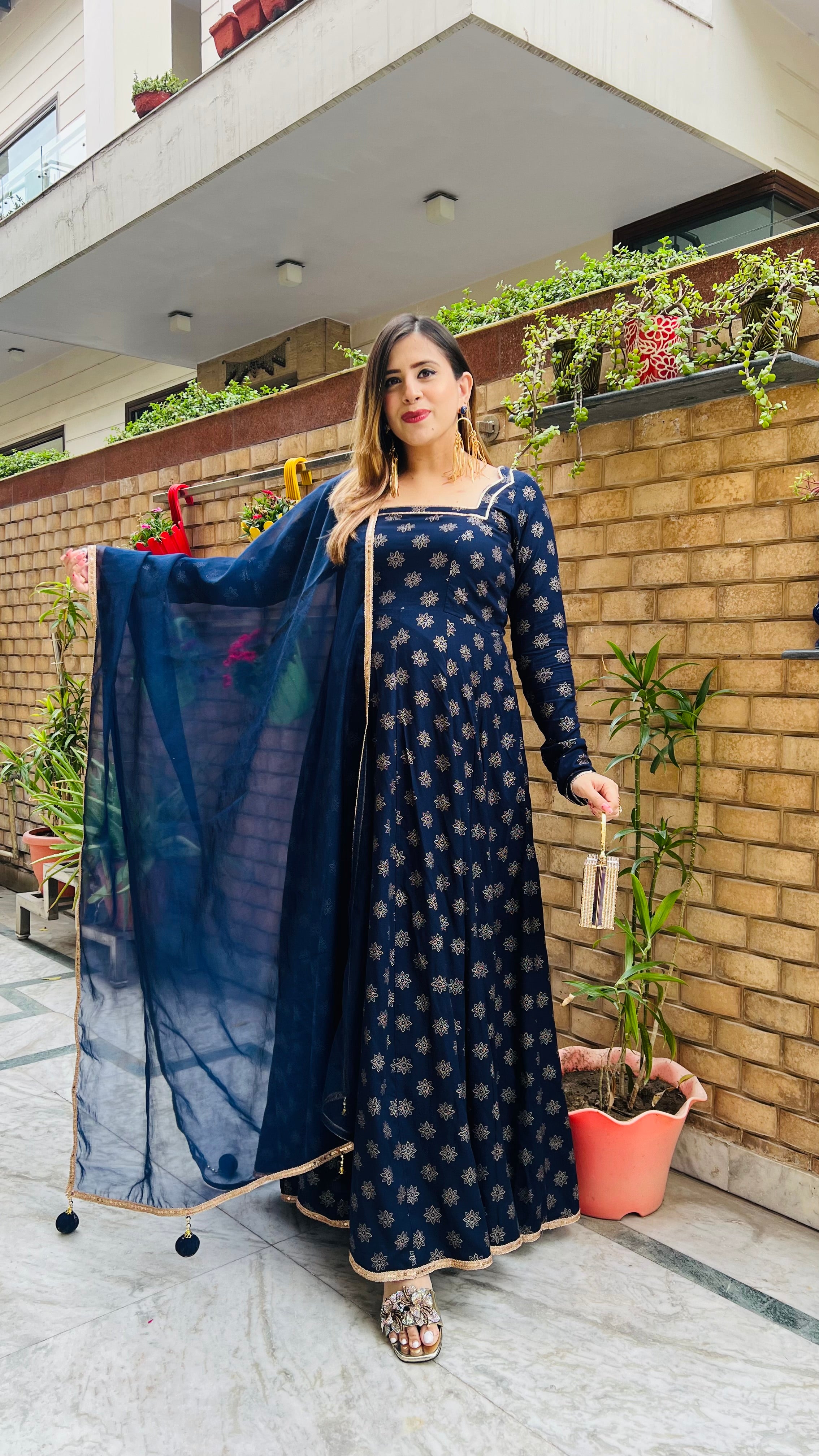 Navy Blue Foil Anarkali