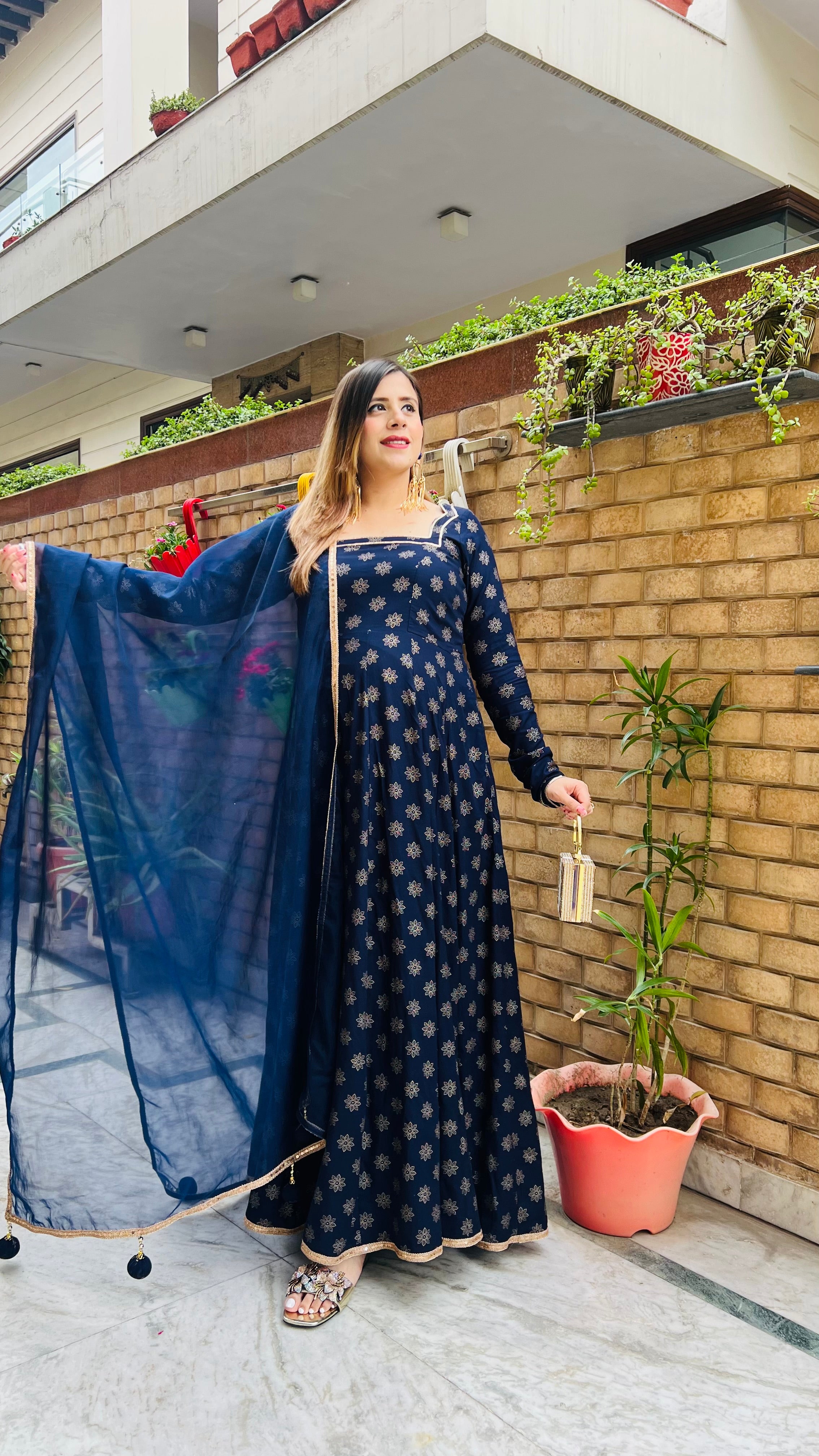 Navy Blue Foil Anarkali