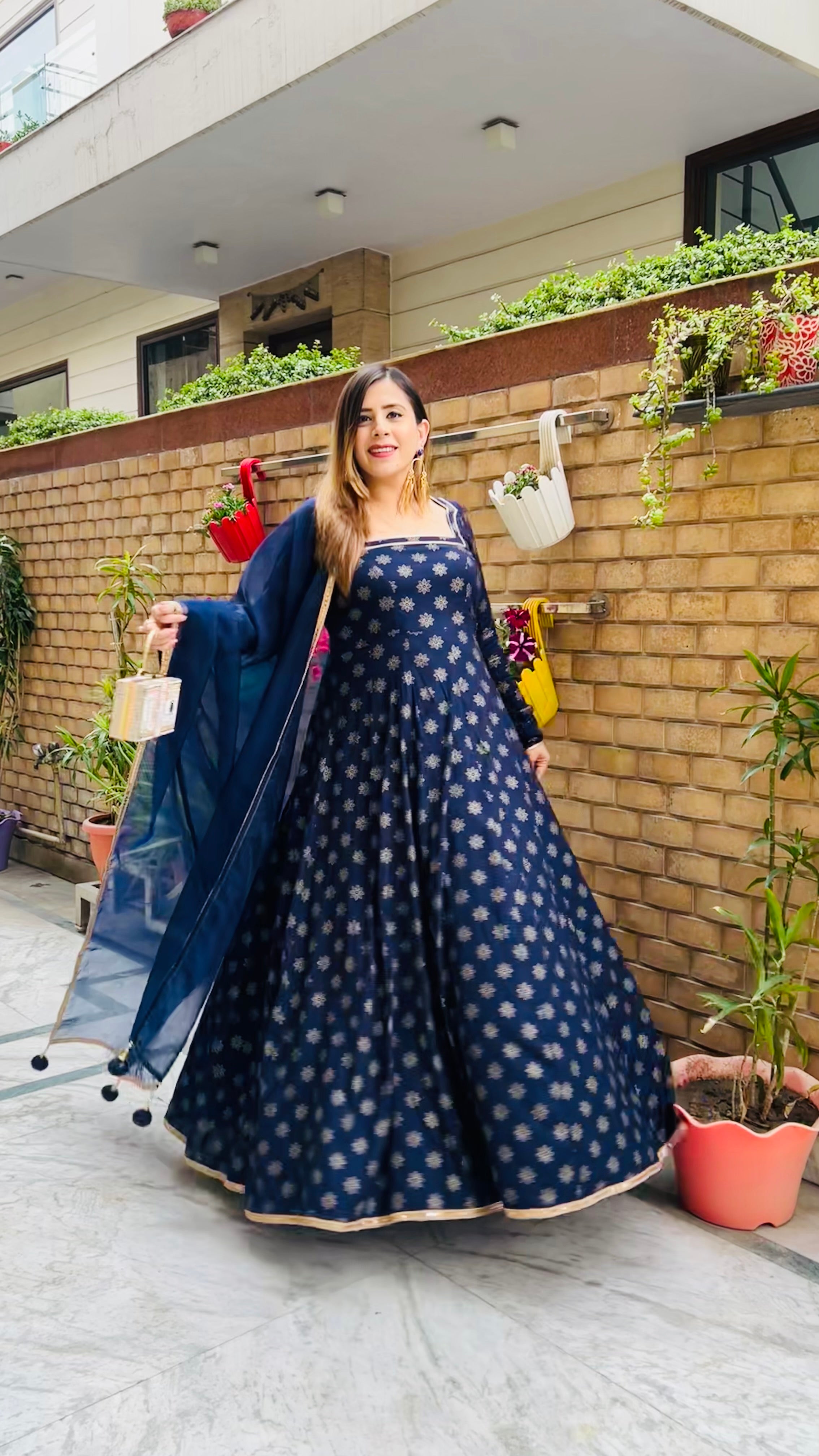 Navy Blue Foil Anarkali