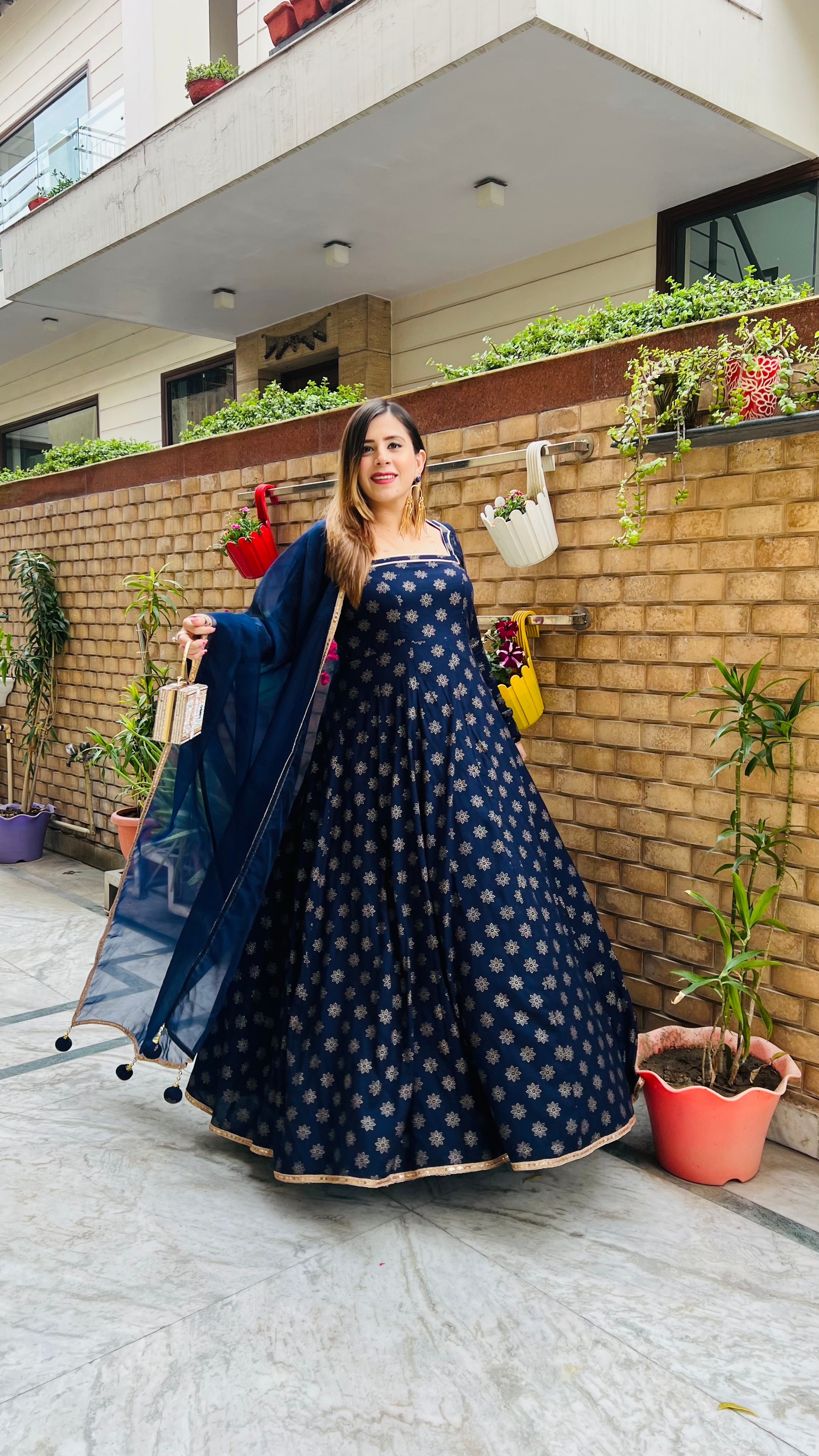 Navy Blue Foil Anarkali