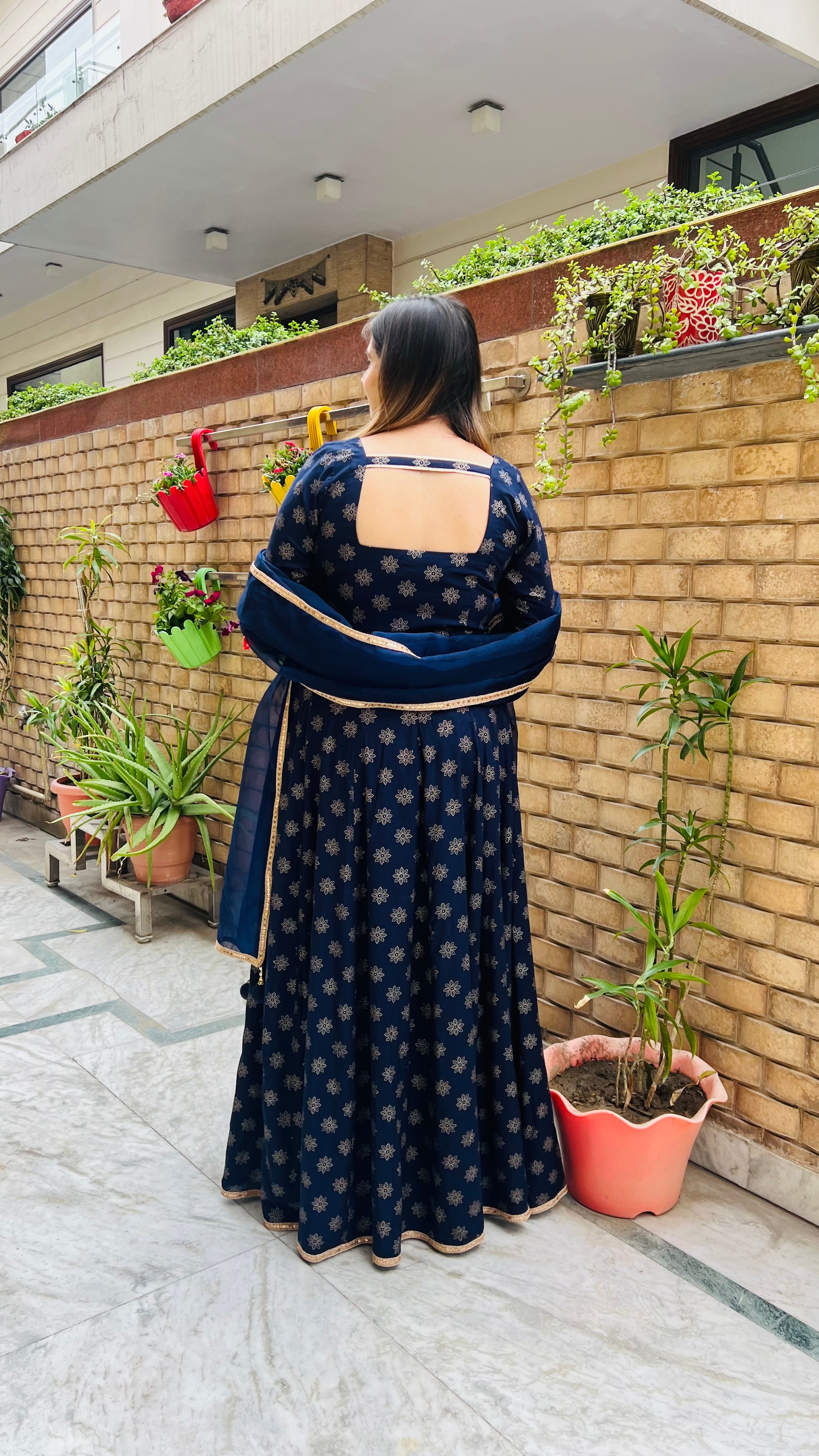 Navy Blue Foil Anarkali