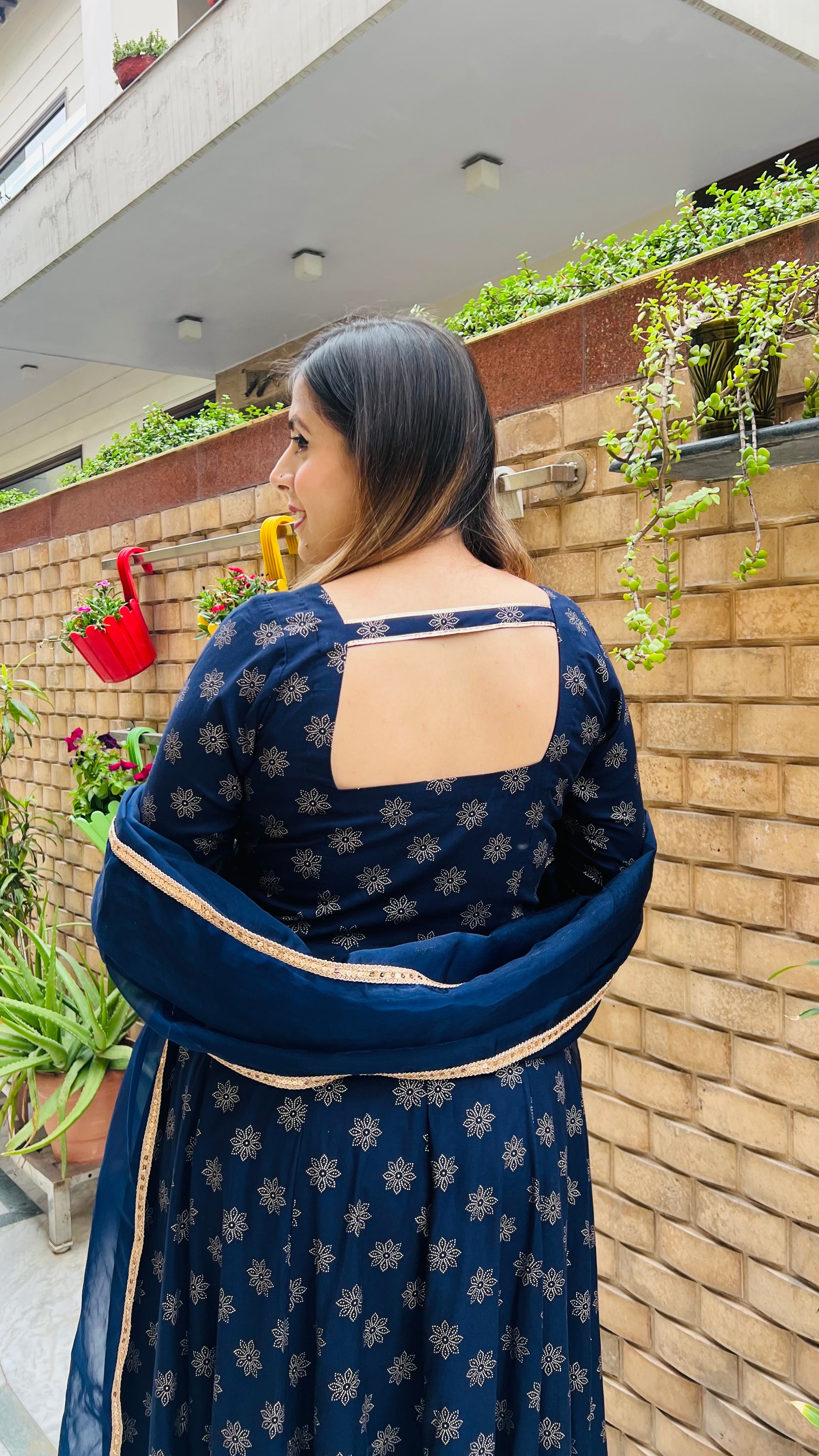 Navy Blue Foil Anarkali