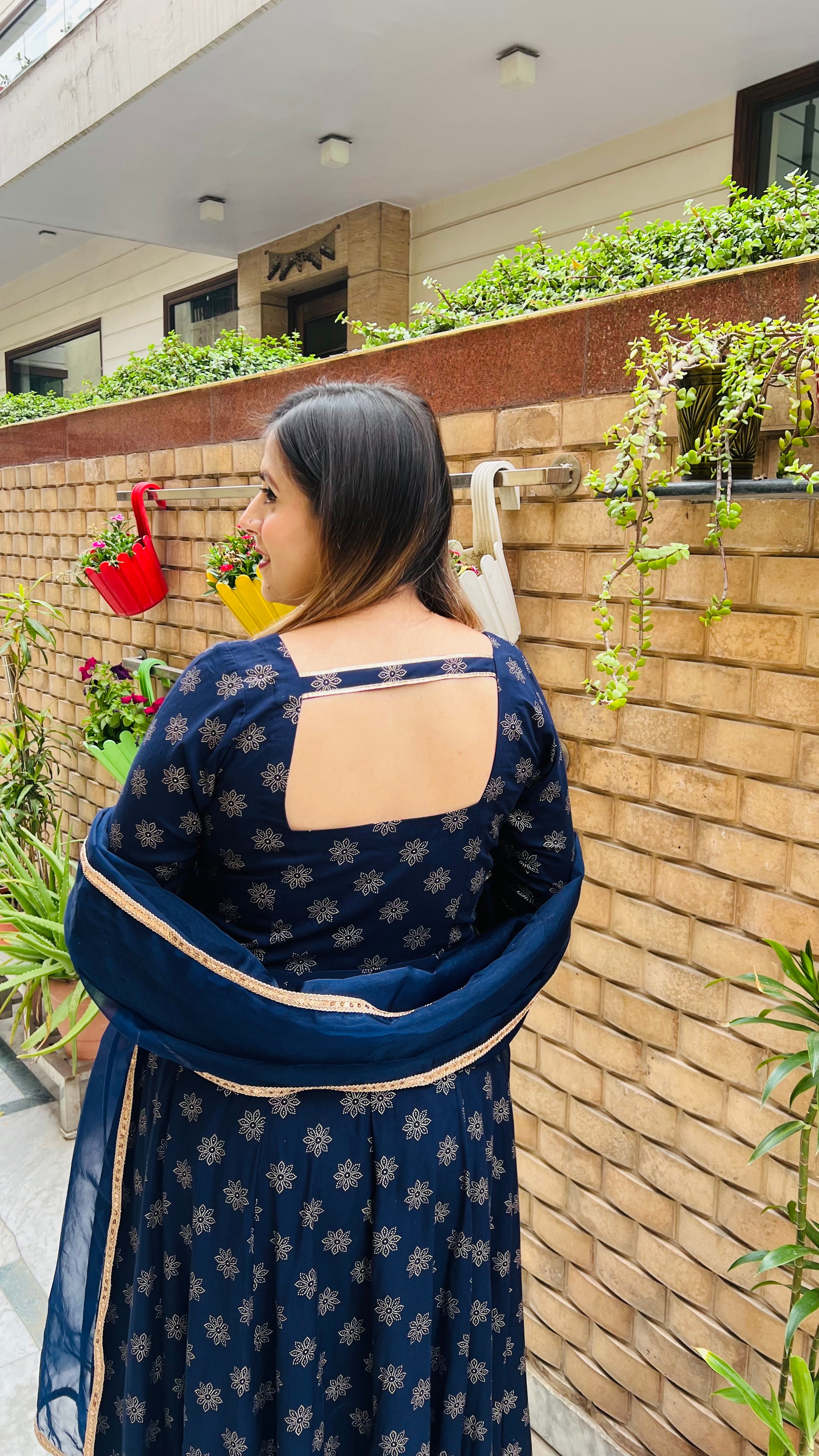 Navy Blue Foil Anarkali