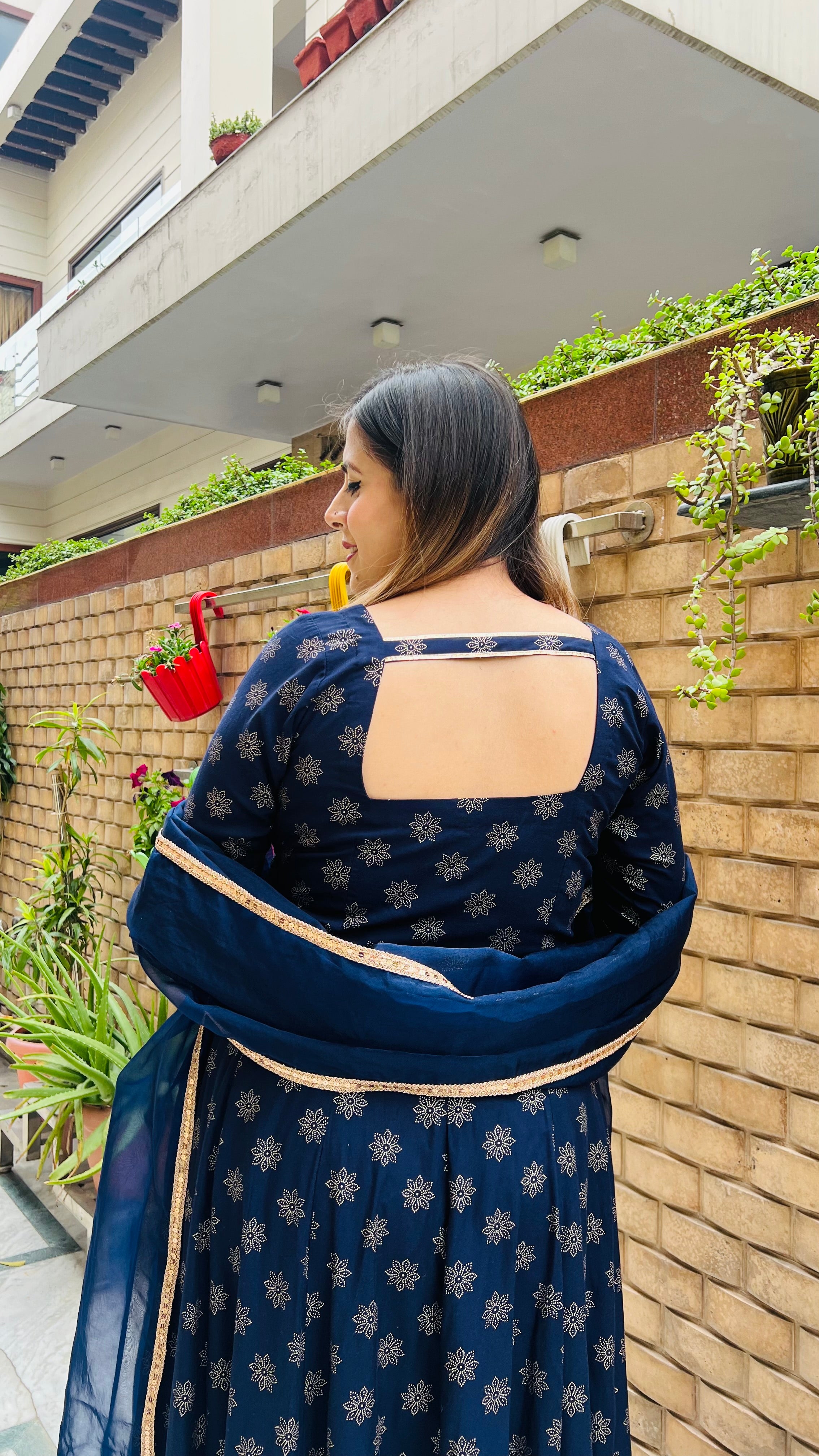 Navy Blue Foil Anarkali