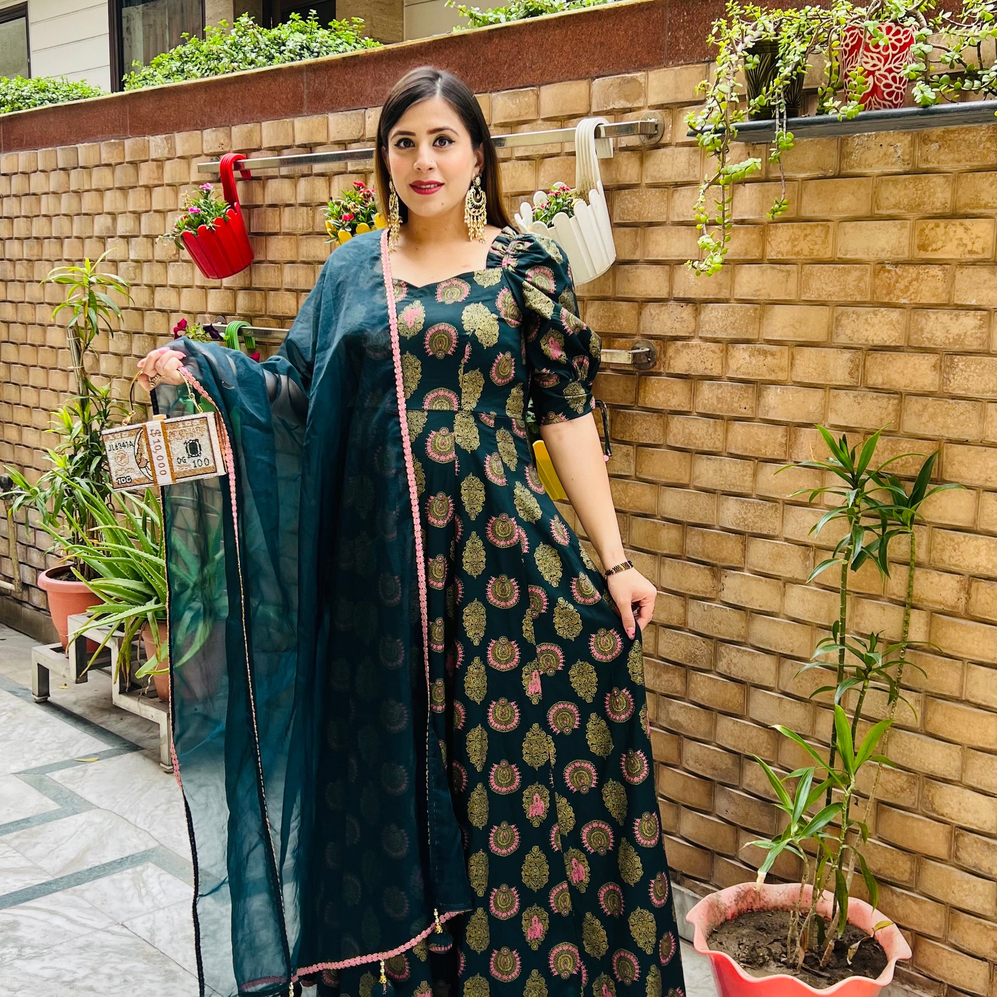 Bottle Green Foil Anarkali