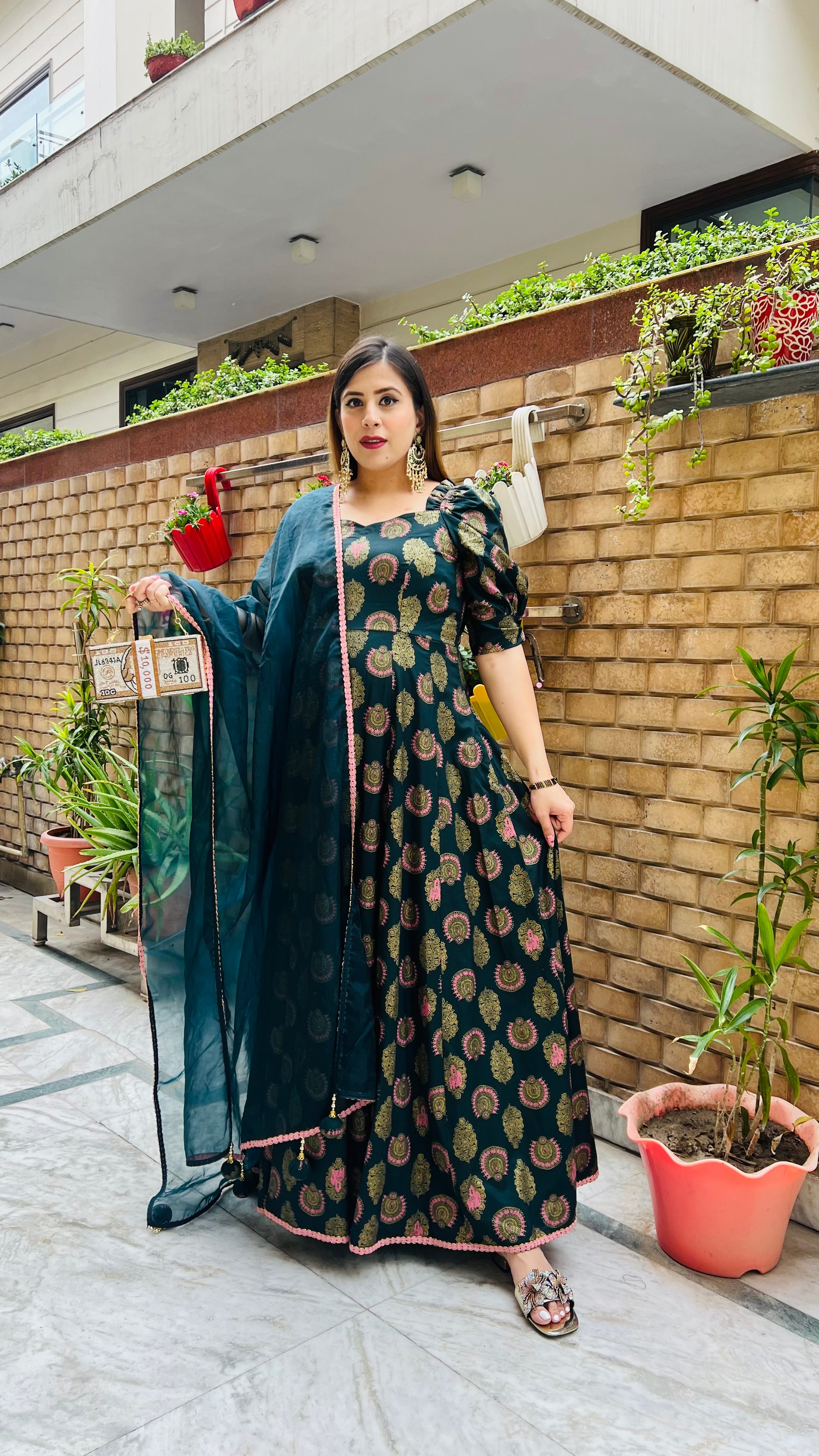 Bottle Green Foil Anarkali