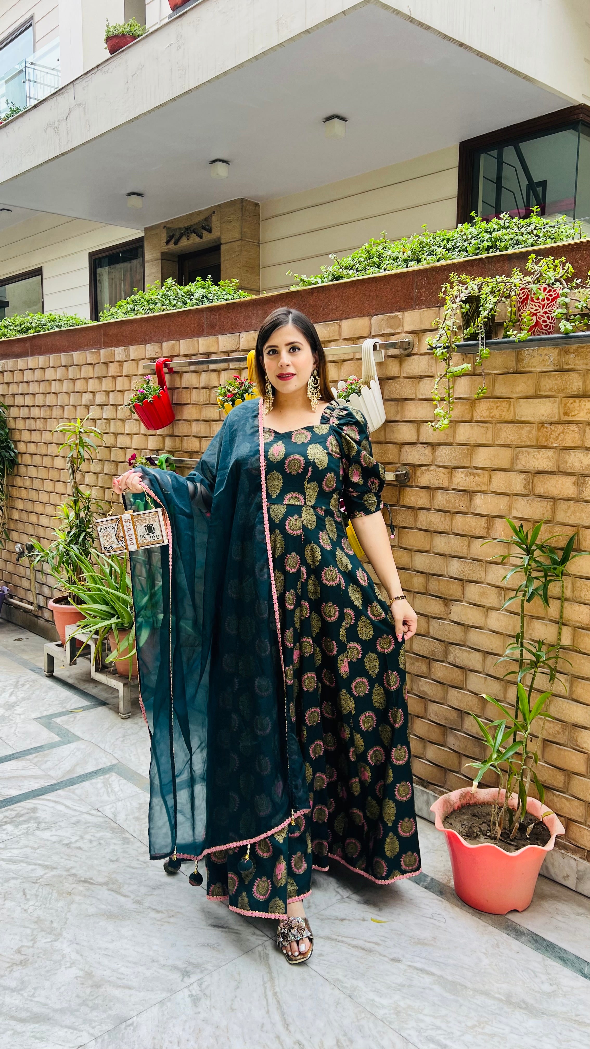 Bottle Green Foil Anarkali