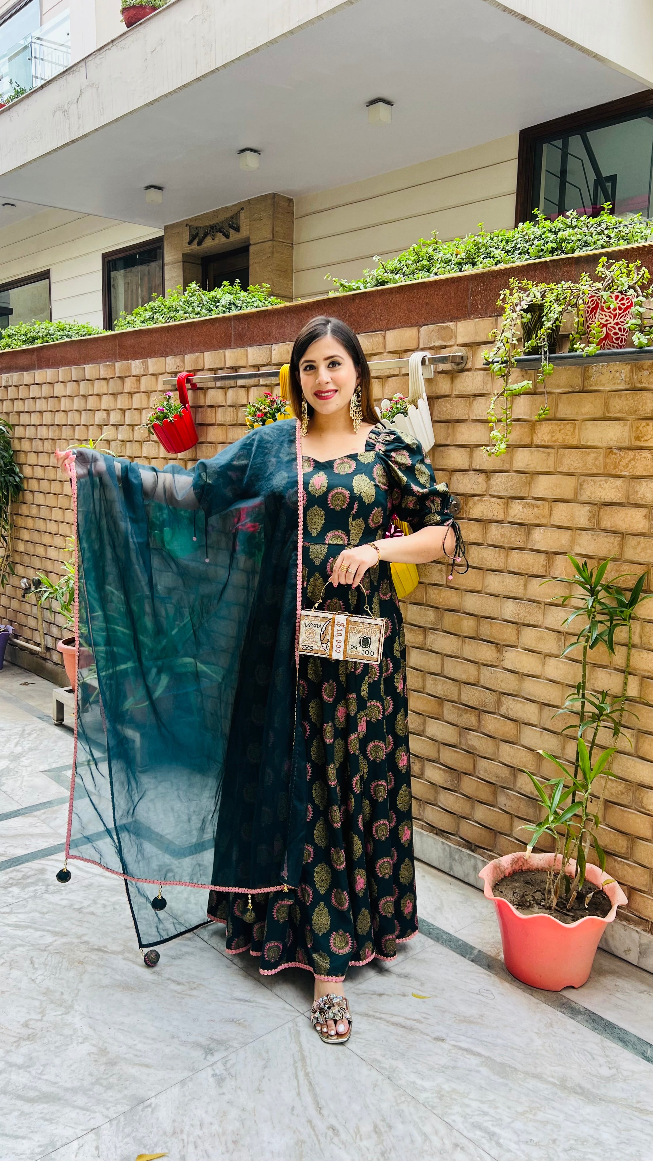 Bottle Green Foil Anarkali