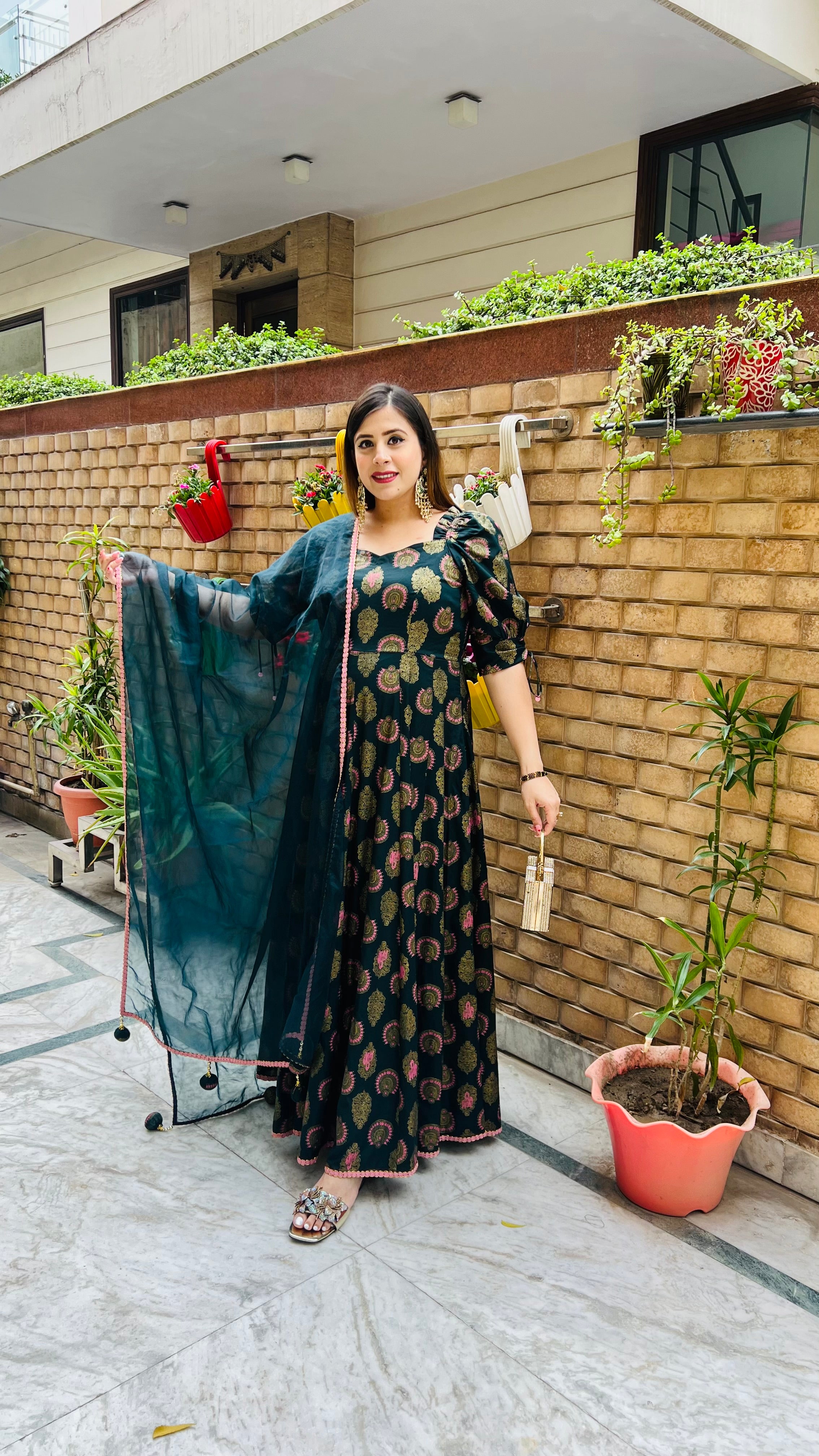 Bottle Green Foil Anarkali