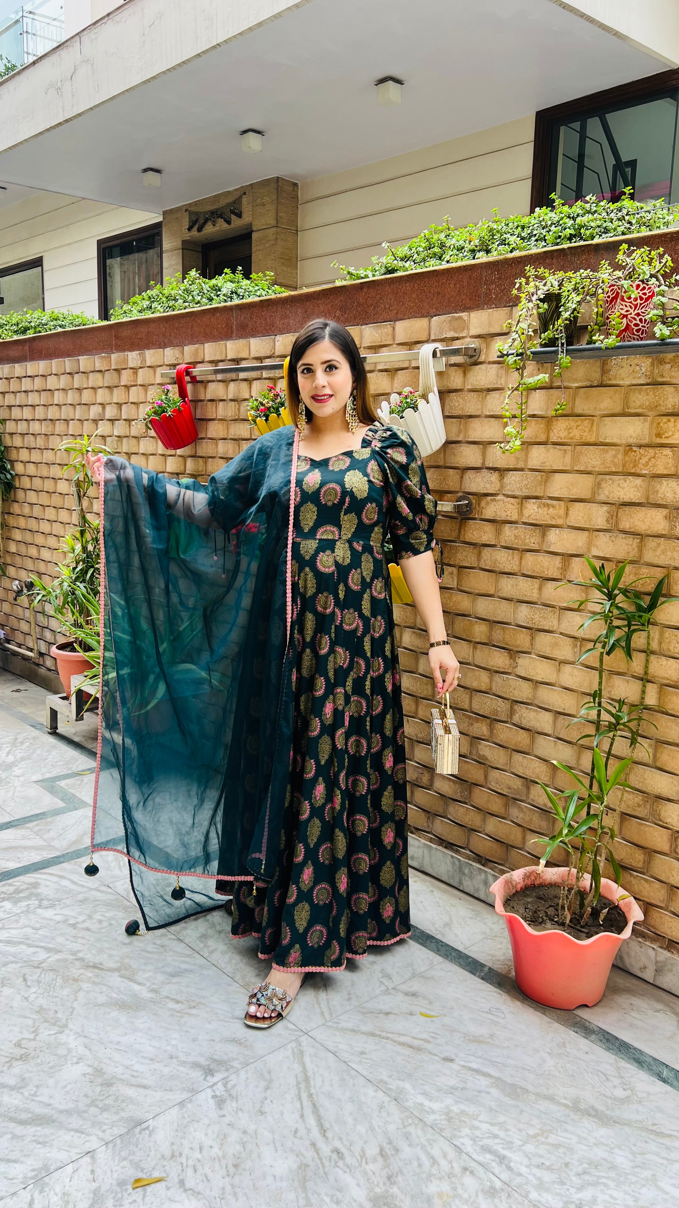 Bottle Green Foil Anarkali