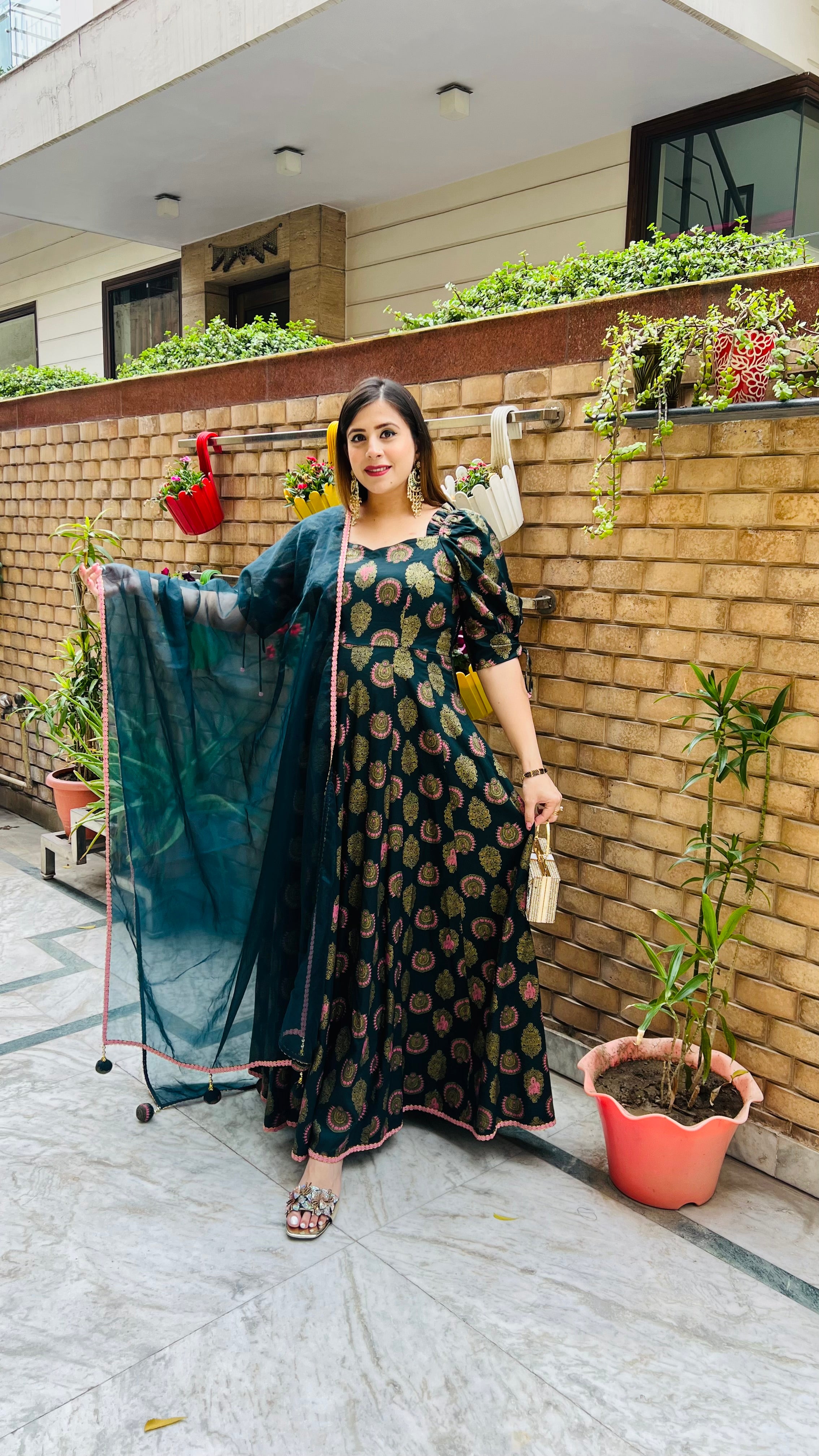 Bottle Green Foil Anarkali