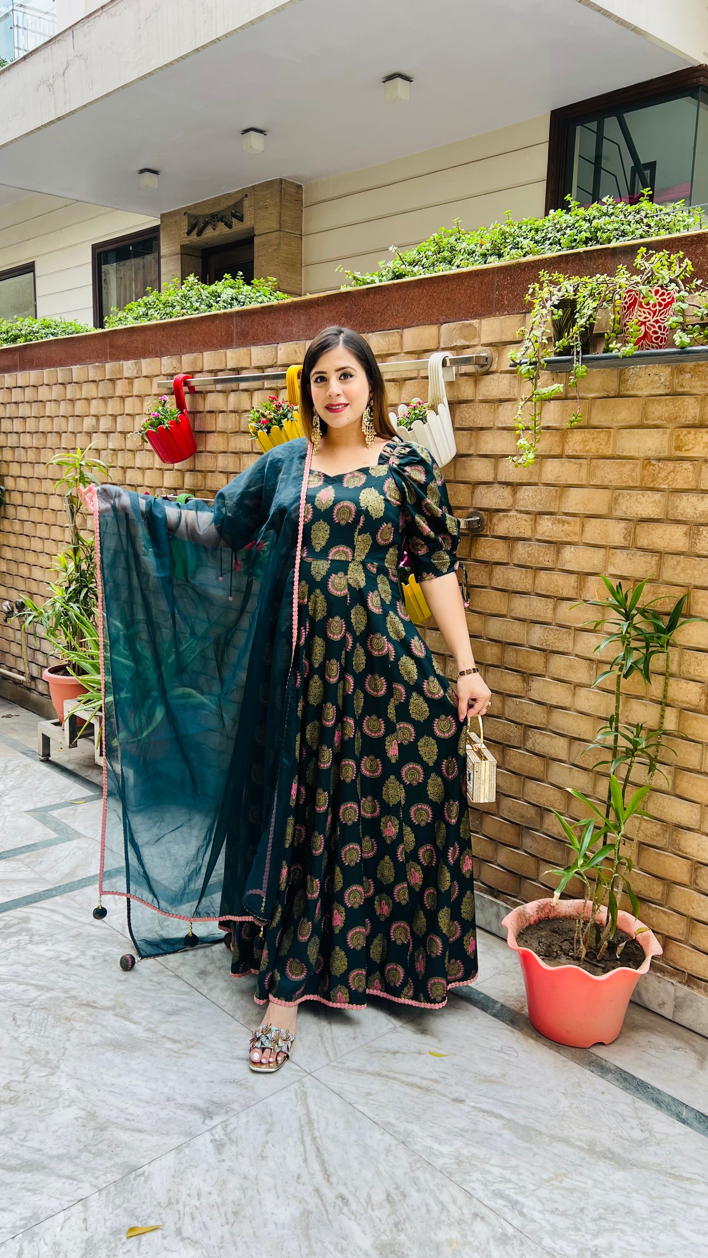 Bottle Green Foil Anarkali