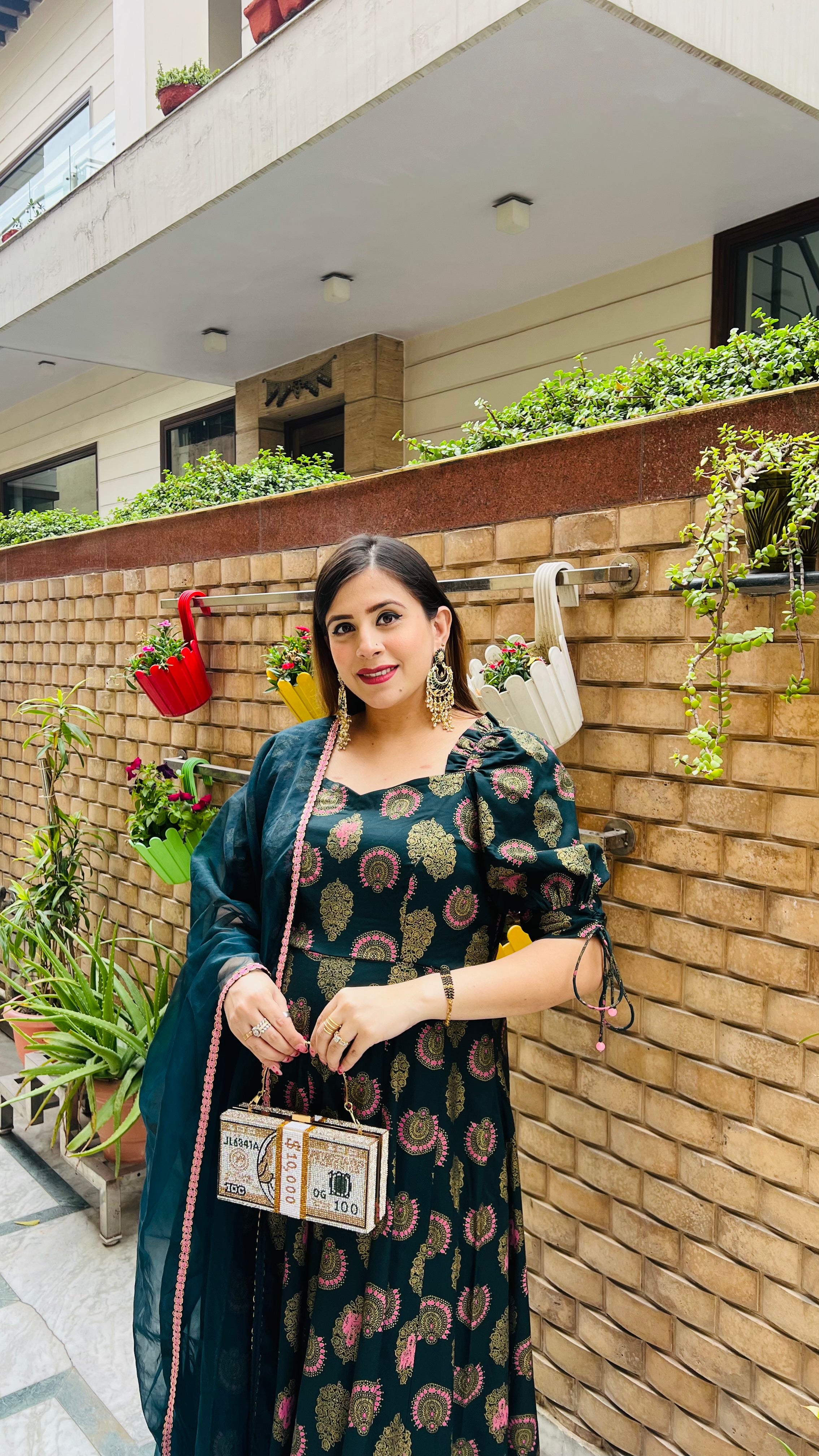 Bottle Green Foil Anarkali