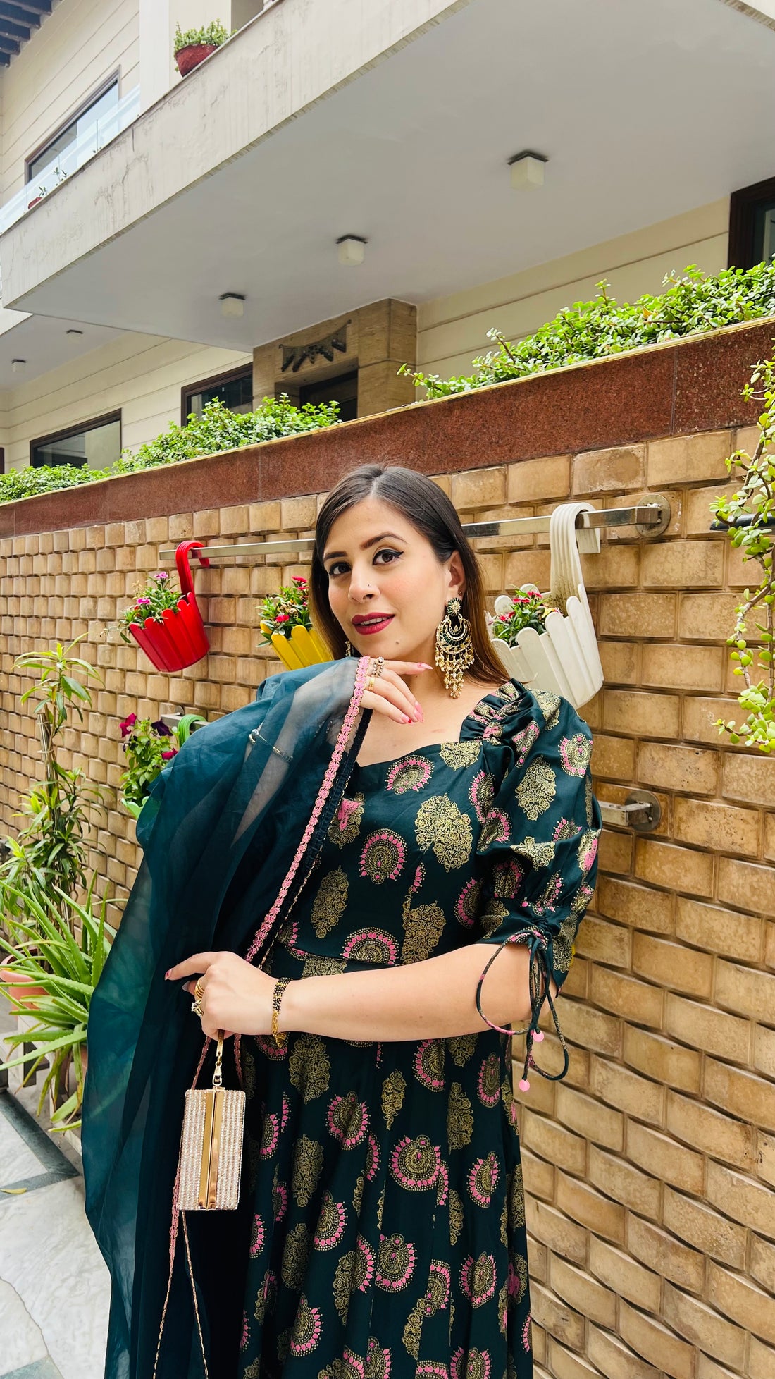 Bottle Green Foil Anarkali