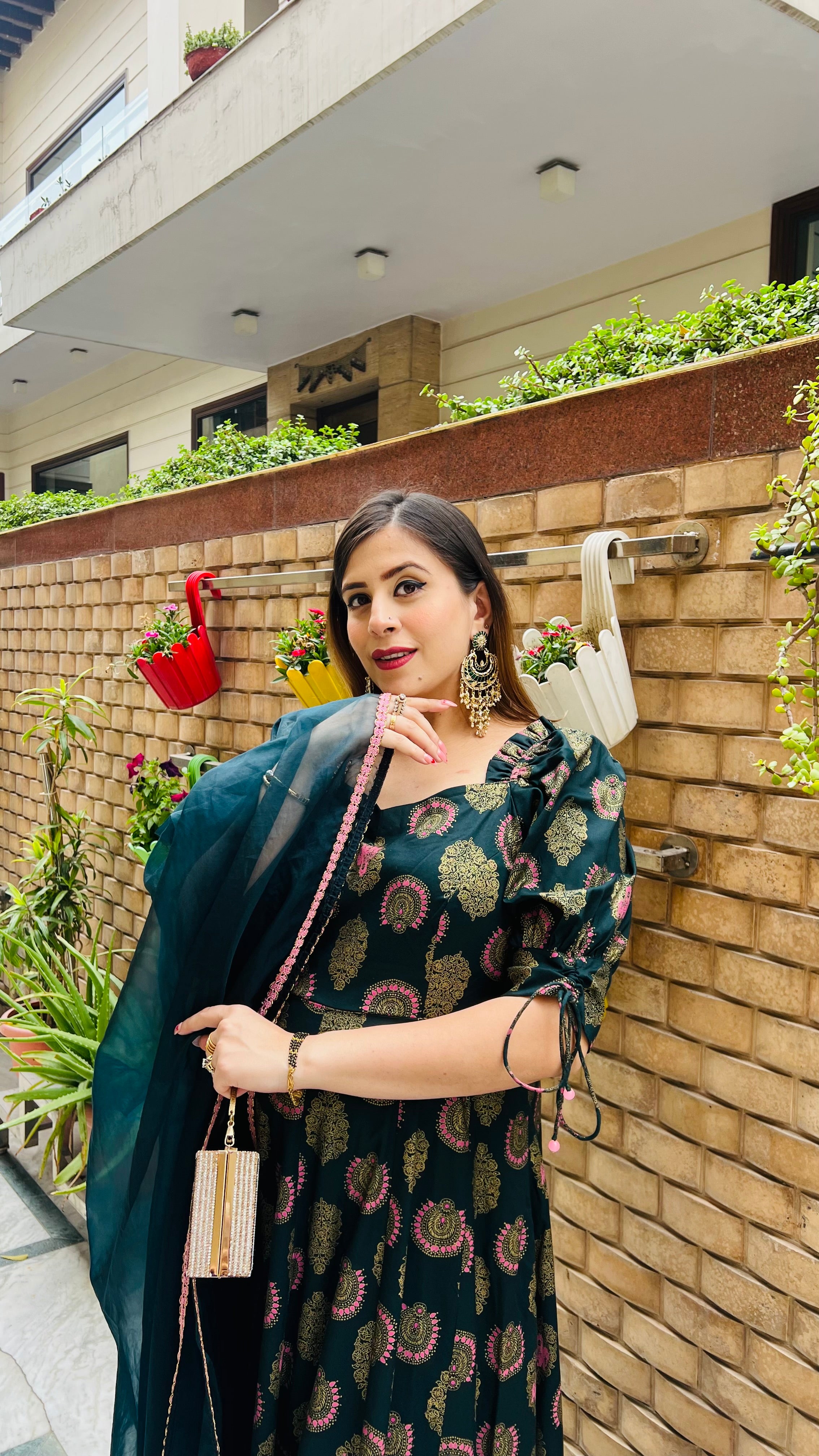 Bottle Green Foil Anarkali