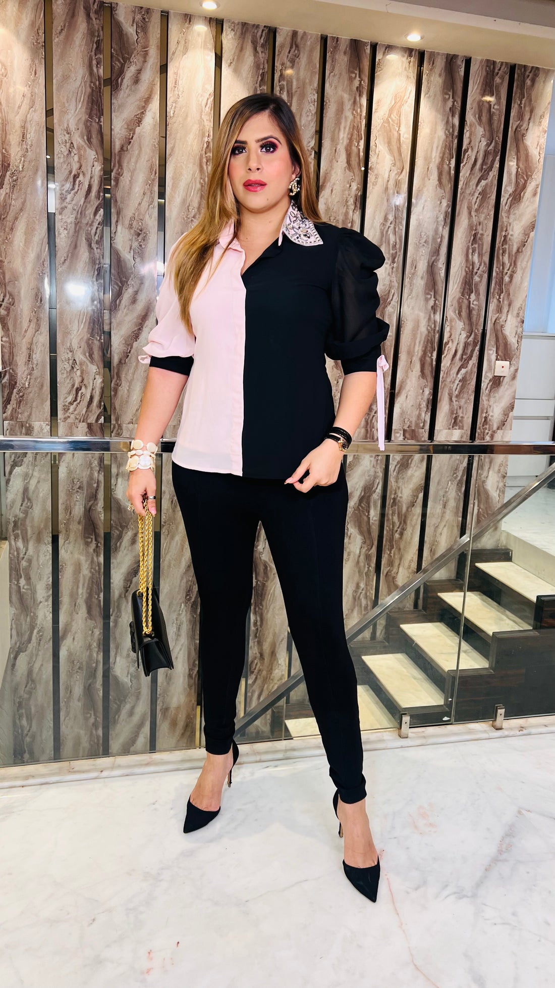 Black & Pink Emboirdered Collar Shirt