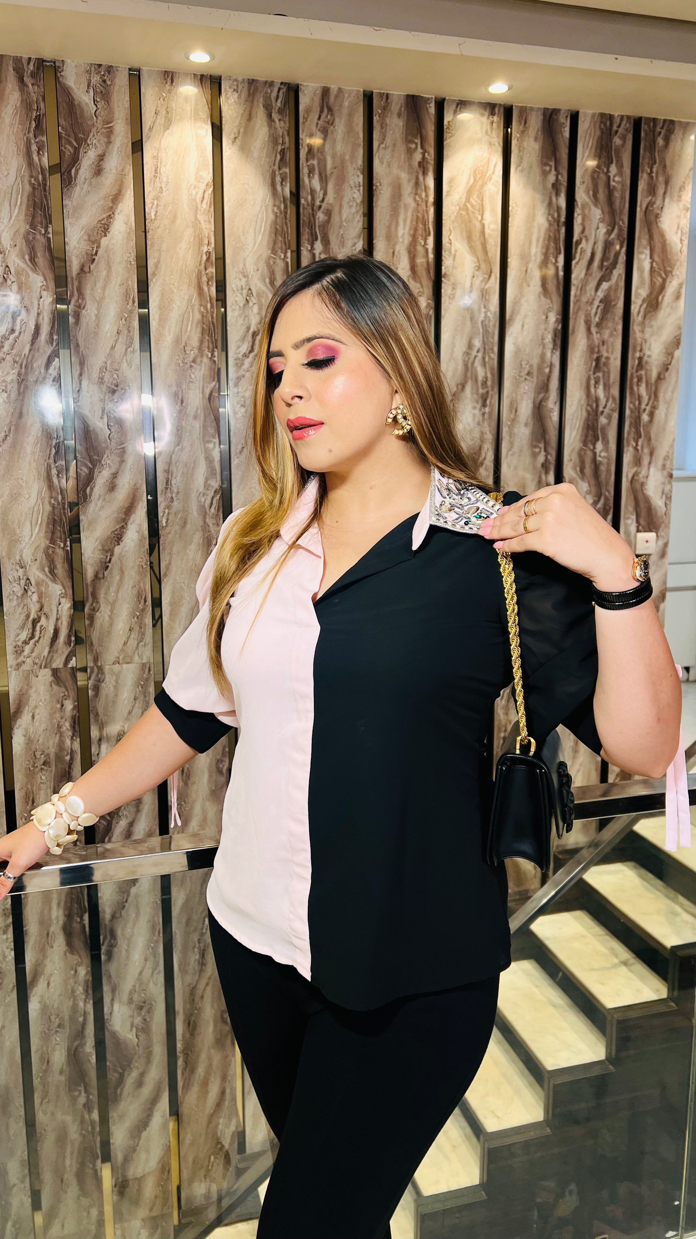 Black & Pink Emboirdered Collar Shirt