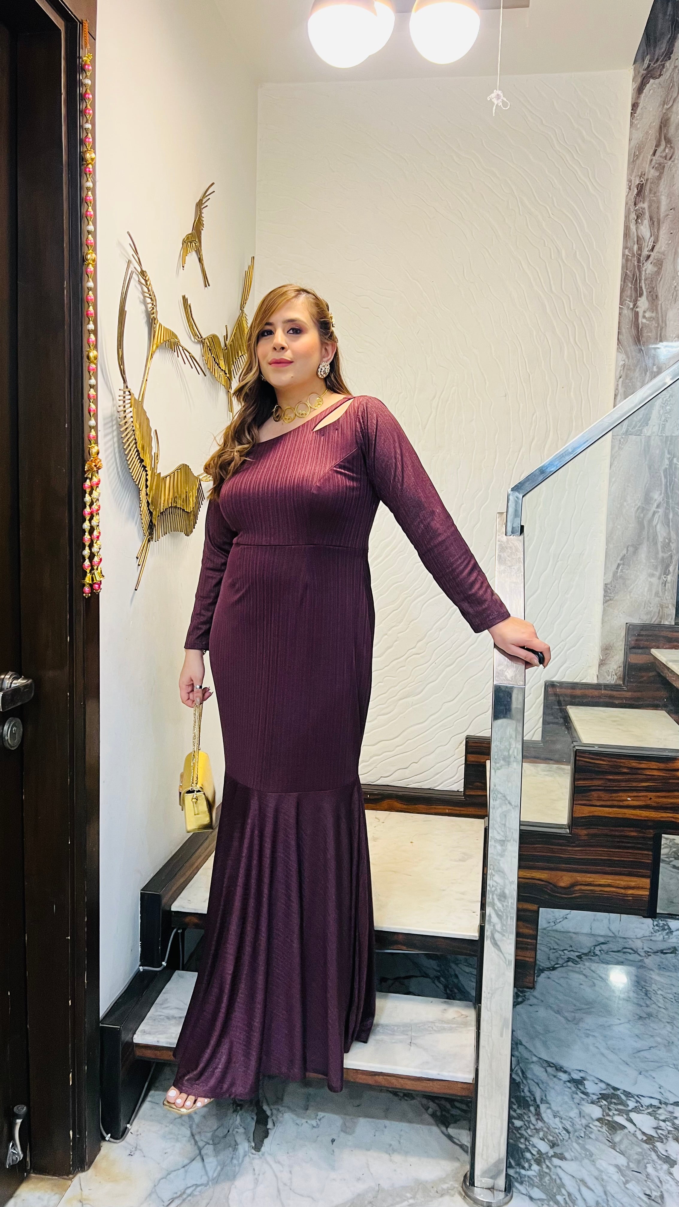 Wine Shimmer Lycra Fish Cut Gown