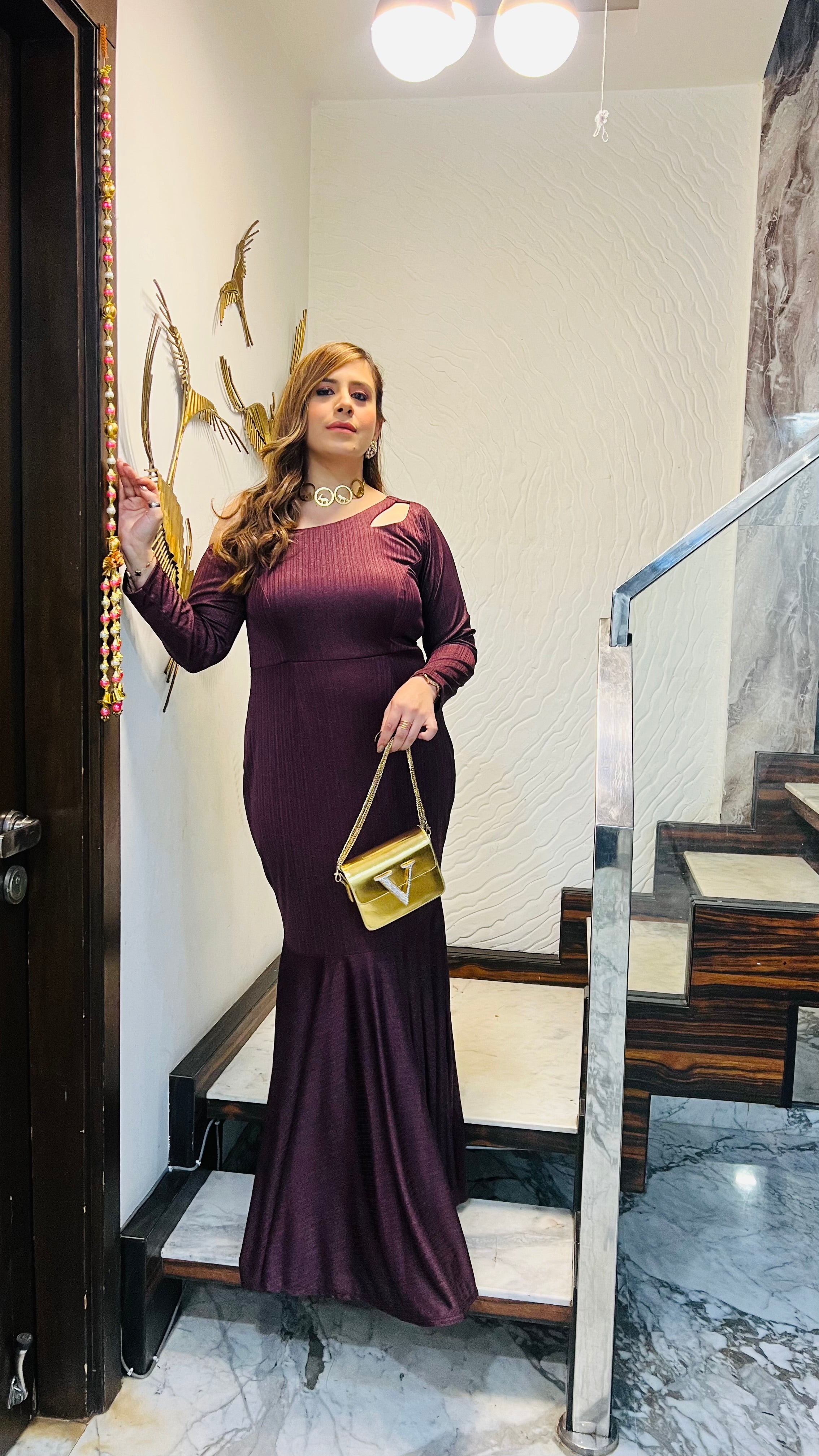 Wine Shimmer Lycra Fish Cut Gown