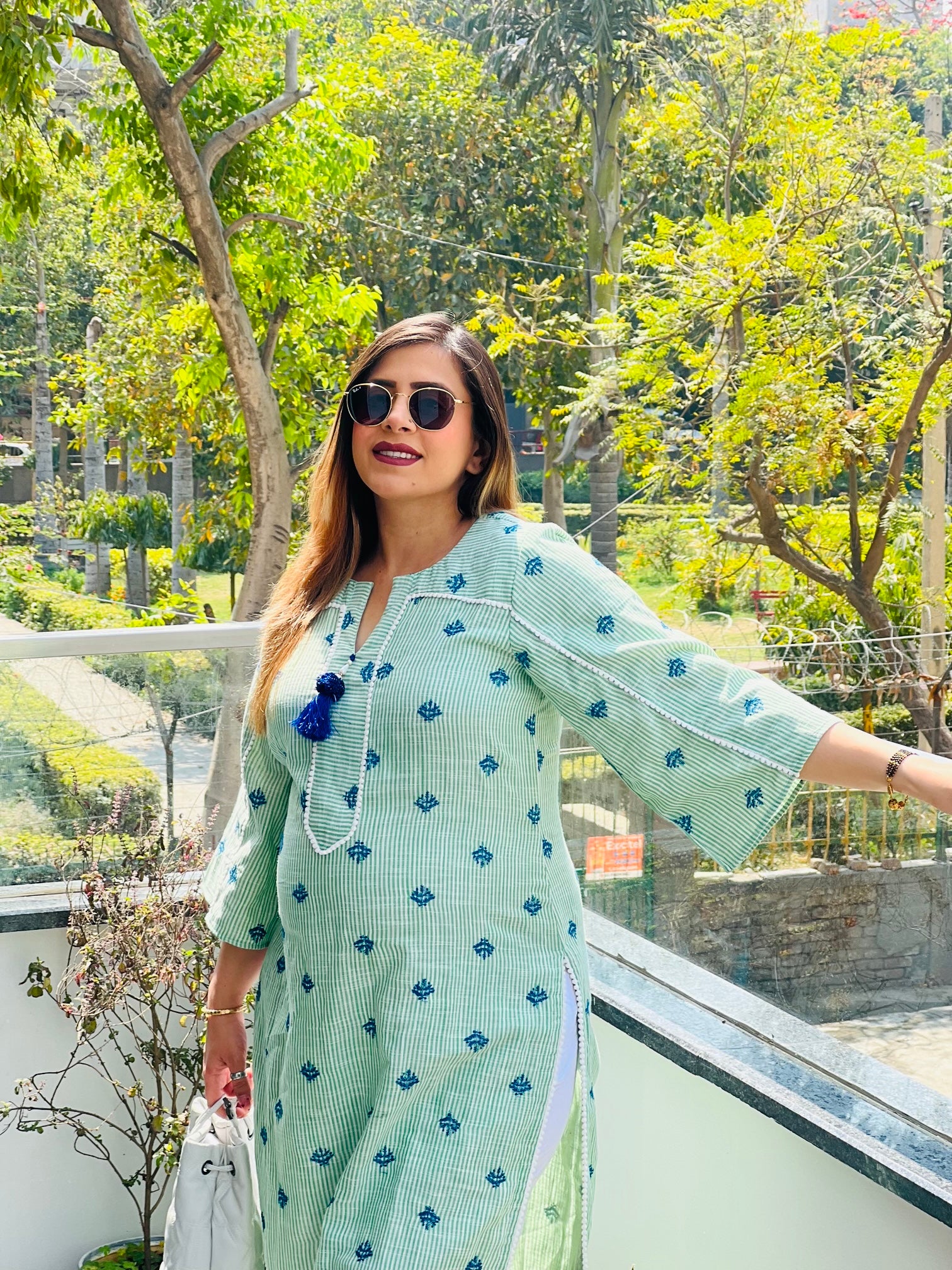 Green Embroidered Stripes Cotton Kurti