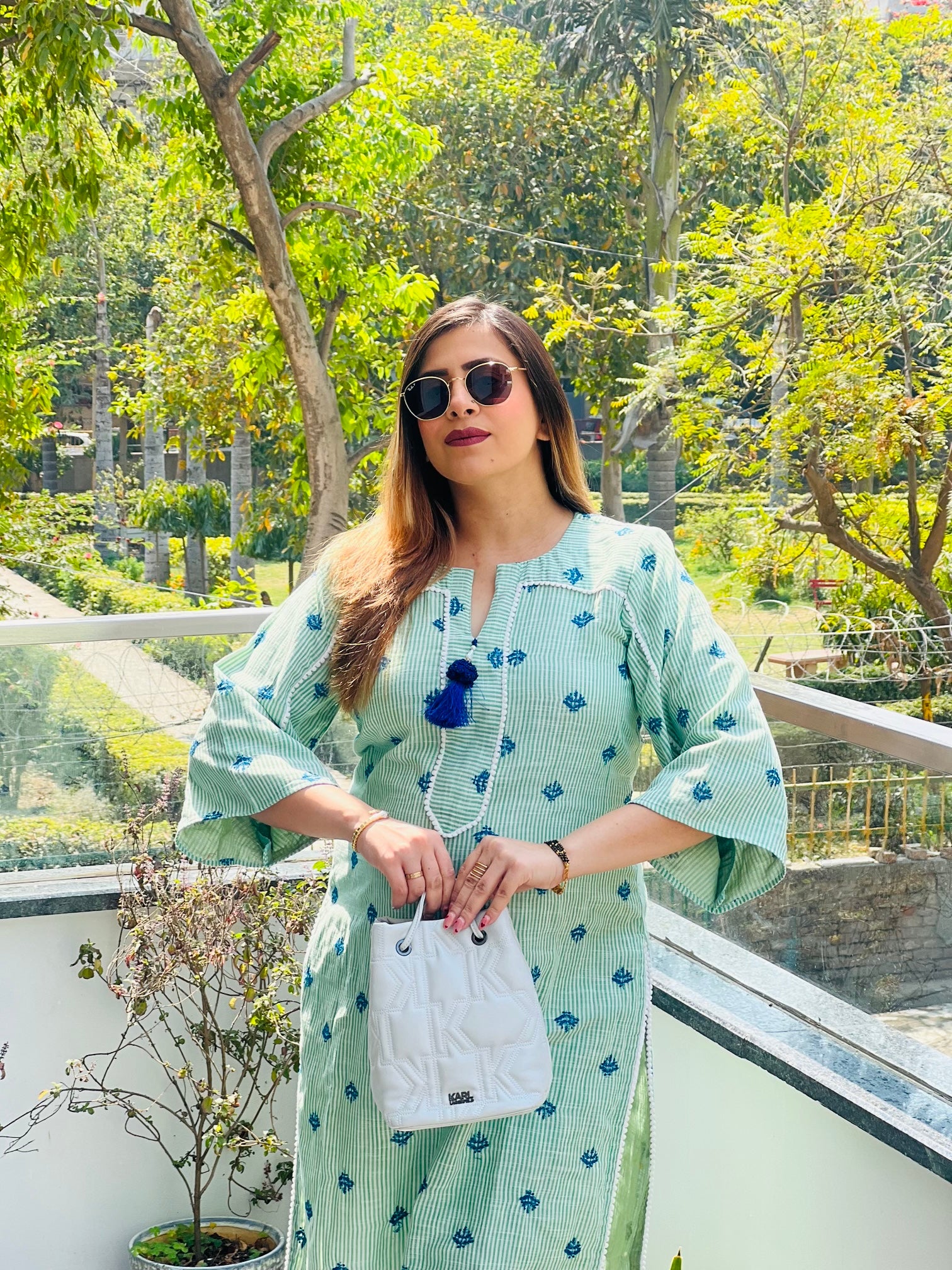 Green Embroidered Stripes Cotton Kurti