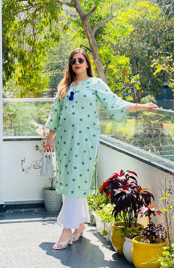 Green Embroidered Stripes Cotton Kurti