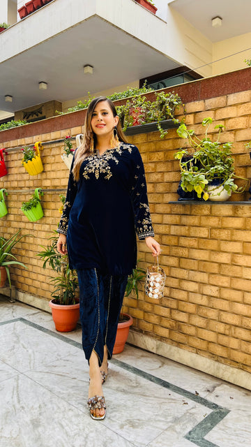 Blue Velvet Dhoti Co-Ord